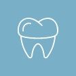 White outline of a tooth on a light blue background.