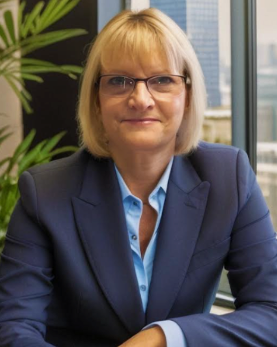 A woman in a suit and glasses is sitting in front of a window