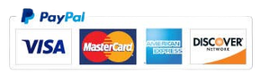 Logos of PayPal, Visa, Mastercard, American Express, and Discover credit cards.