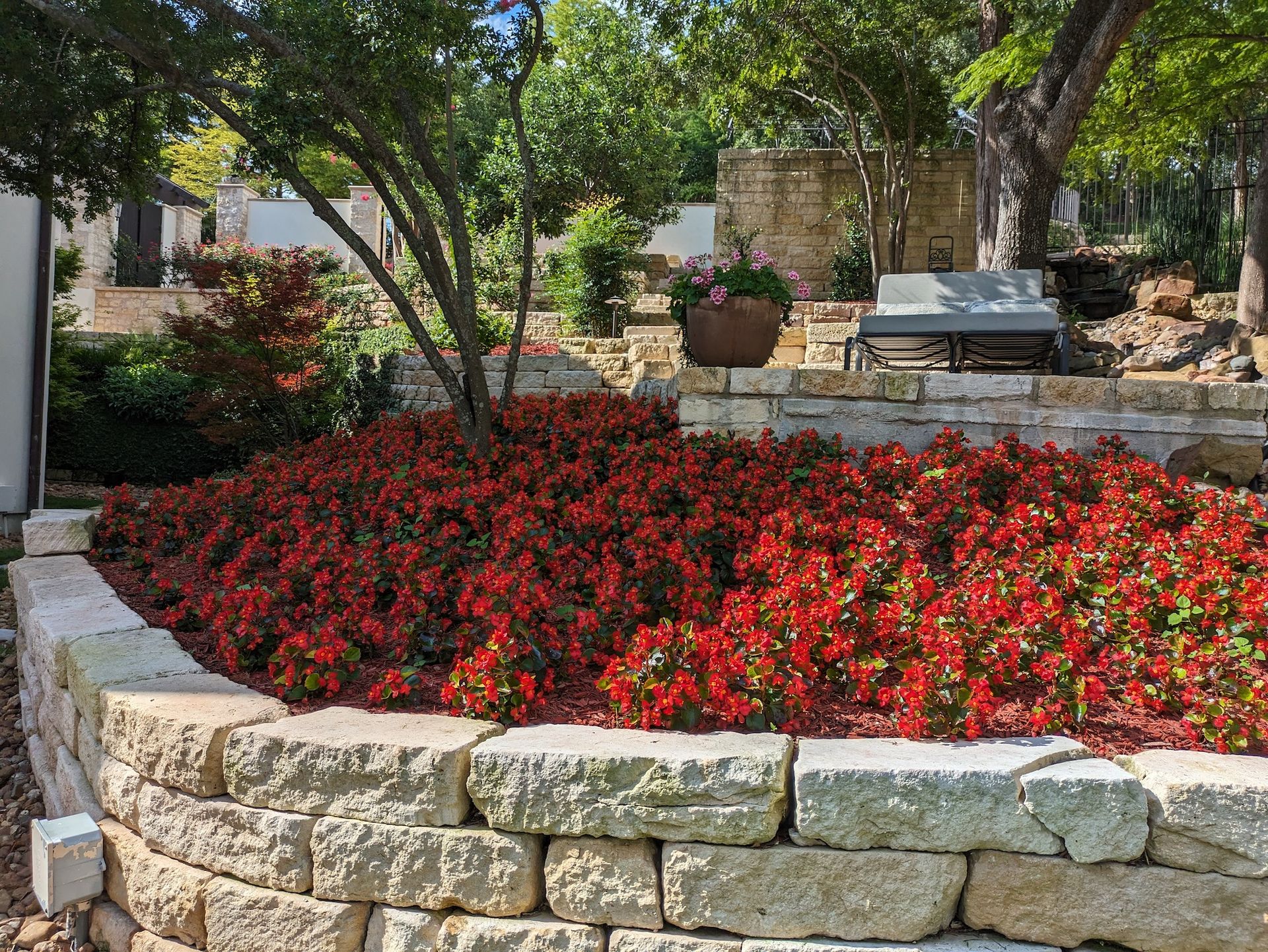 A stone wall surrounded by red flowers in a garden.