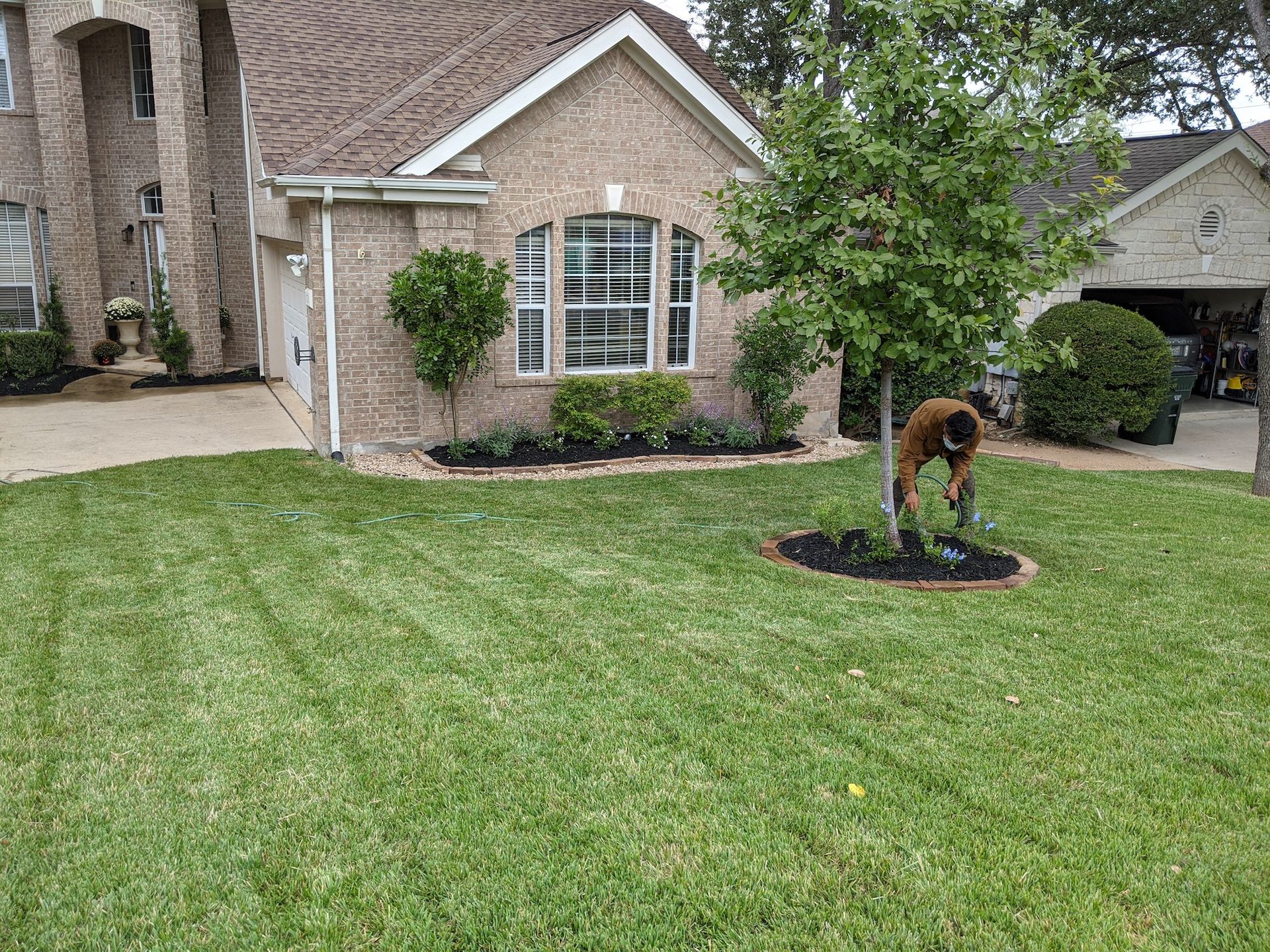 A man is planting a tree in front of a house.