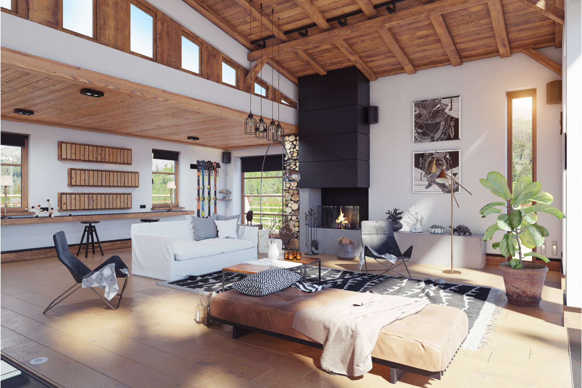 Spacious living room with wood beams, fireplace, and large windows, filled with natural light and a modern aesthetic.