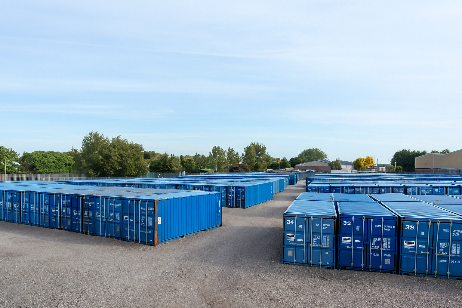 Rows of blue shipping containers are arranged in an open, gravel-covered storage yard under a clear sky.