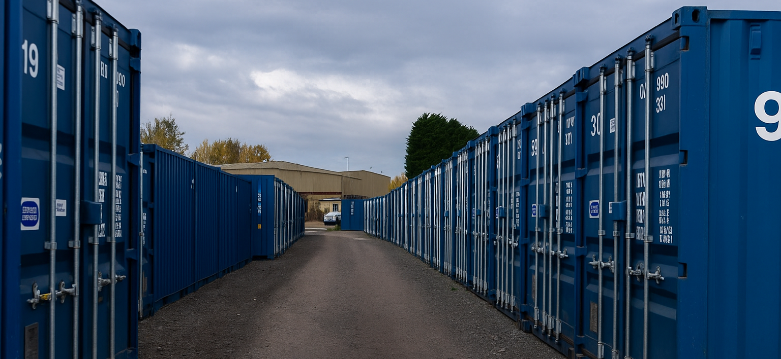 blue storage containers leading to an exit 