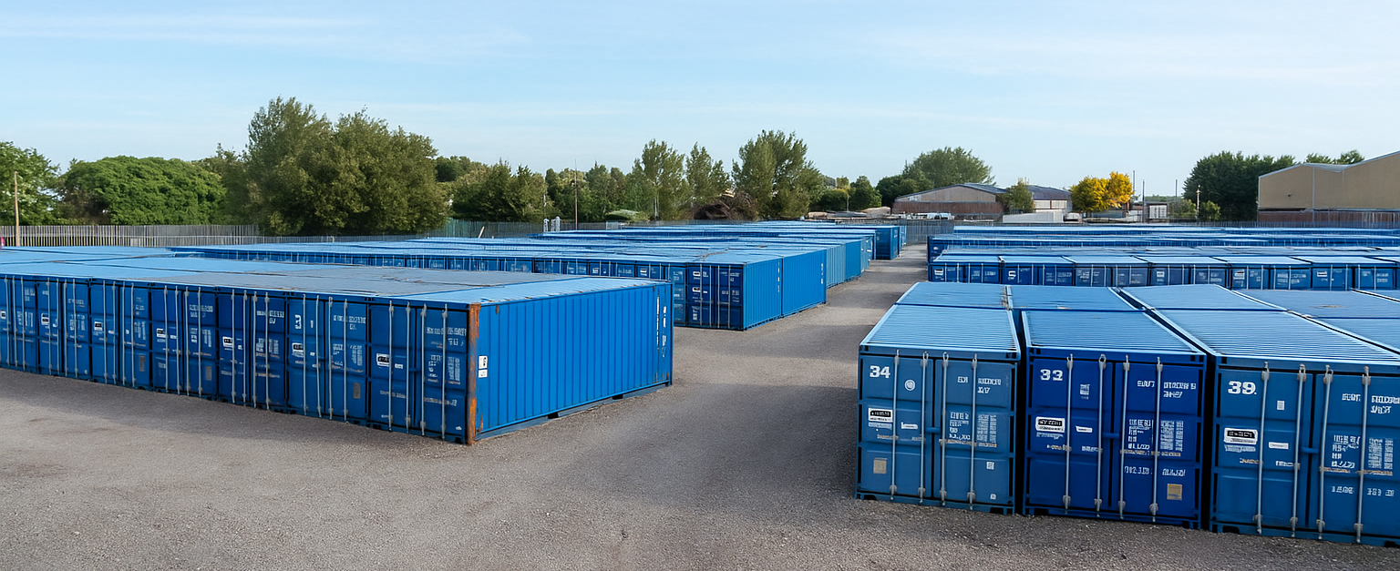 Large outdoor storage facility featuring rows of secure blue shipping containers organised.