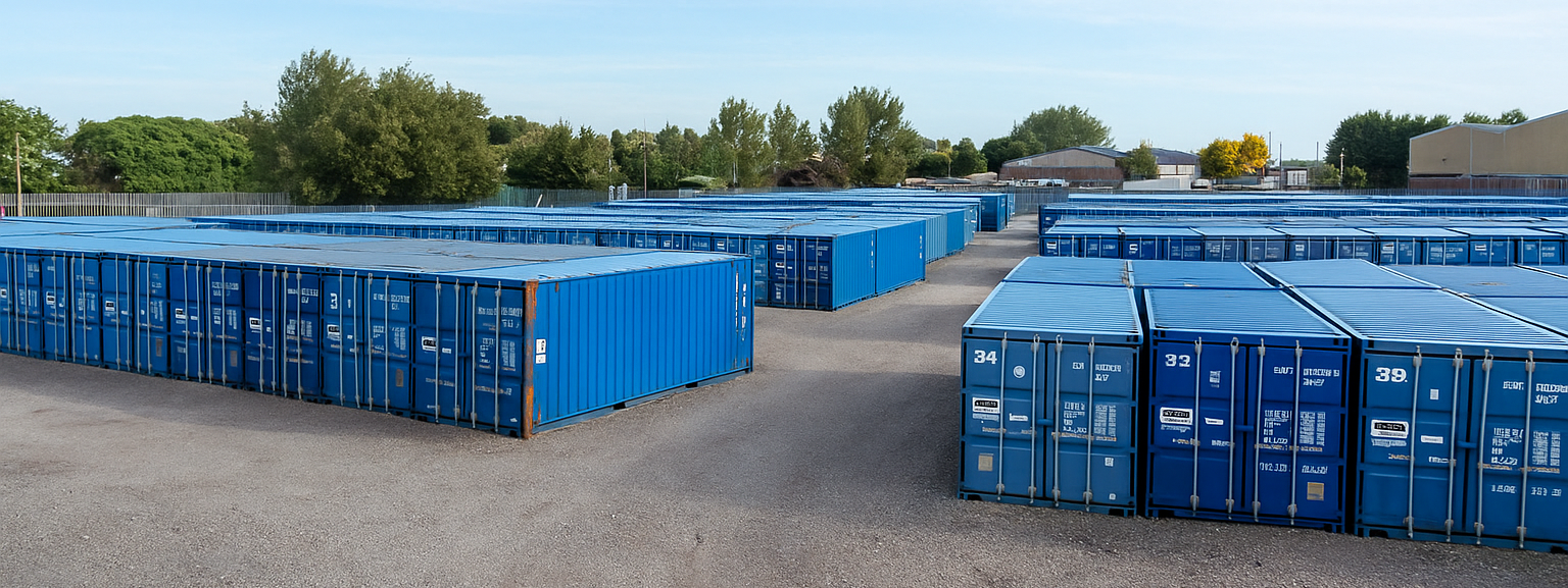 Rows of blue shipping containers with covers parked on a gravel lot under a clear sky.