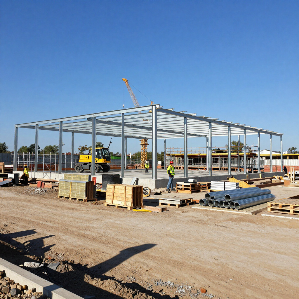 Steel frame of a building under construction at a dusty worksite with construction equipment and materials nearby