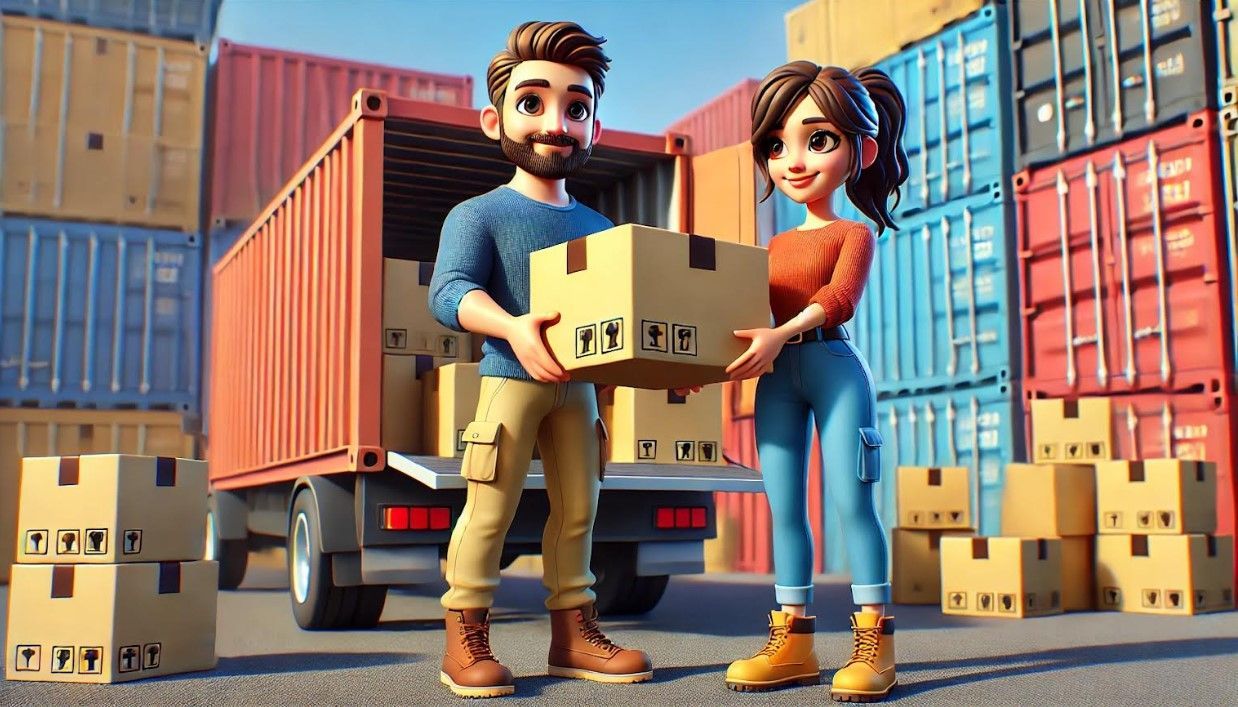 A man and woman standing in a shipping yard, holding a cardboard box in front of an open truck container.