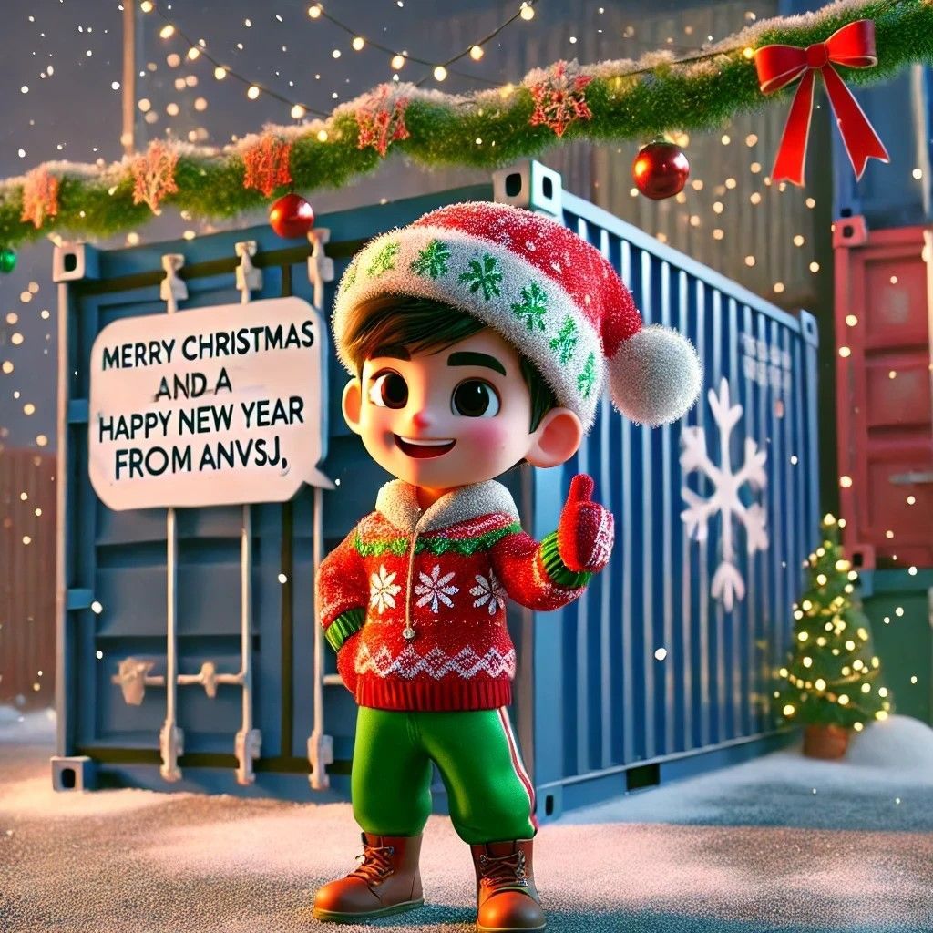 A festive 3D cartoon character in a Christmas outfit giving a thumbs-up in front of a blue storage container