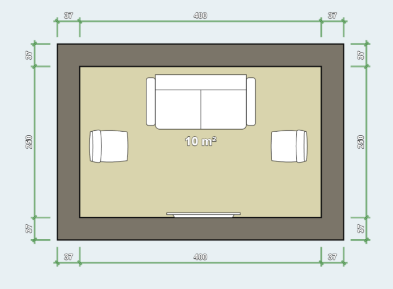 A floor plan showing a rectangular room labelled '10 m²' with a sofa, two chairs, and dimensions marked in the margins.