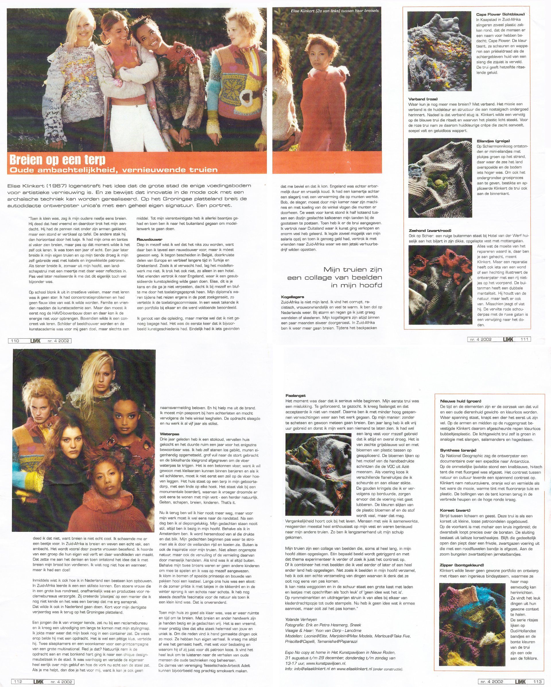 Tijdschriftopmaak met interview en foto's van de ontwerpen van truien en vesten van kunstenares Elise Klinkert 