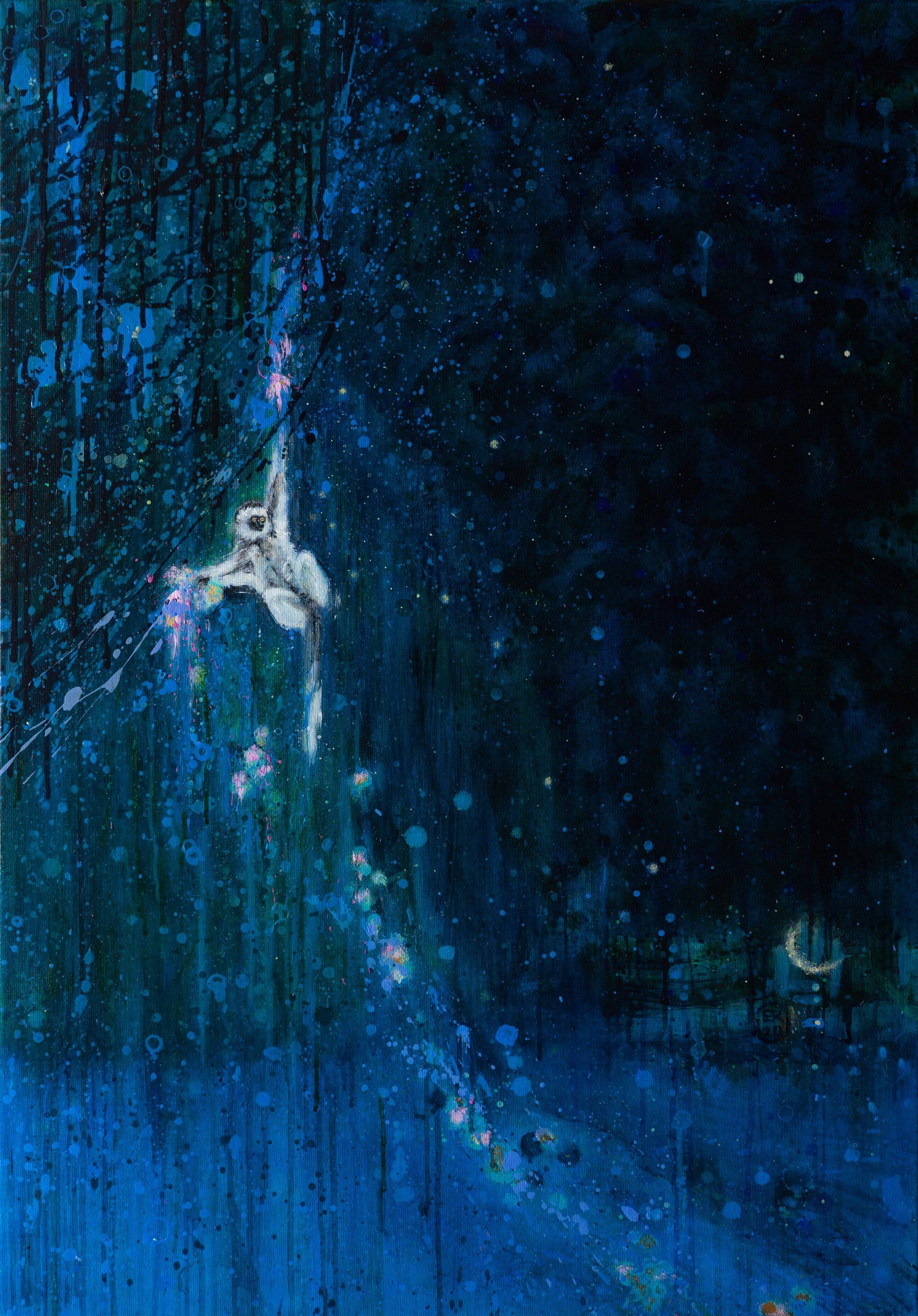 Schilderij van een slingerende aap in een nachtelijke omgeving en een weerspiegeling van de maan.