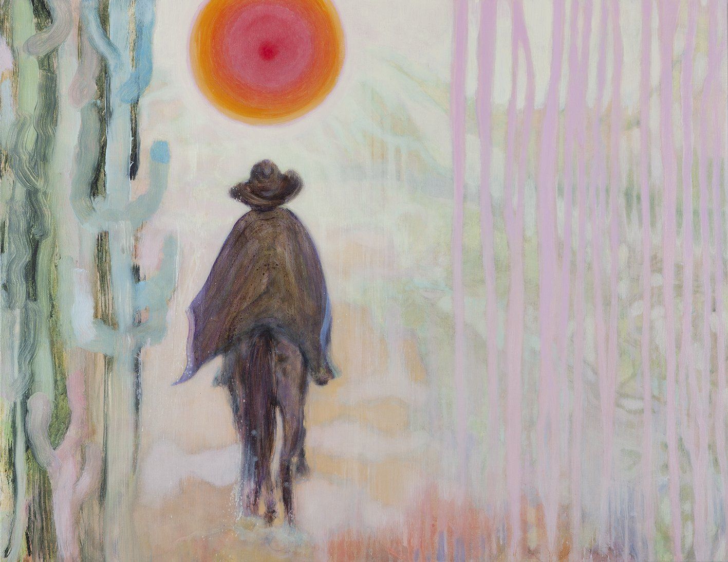 Een cowboy te paard rijdt de zonsondergang tegemoet in een woestijnlandschap.