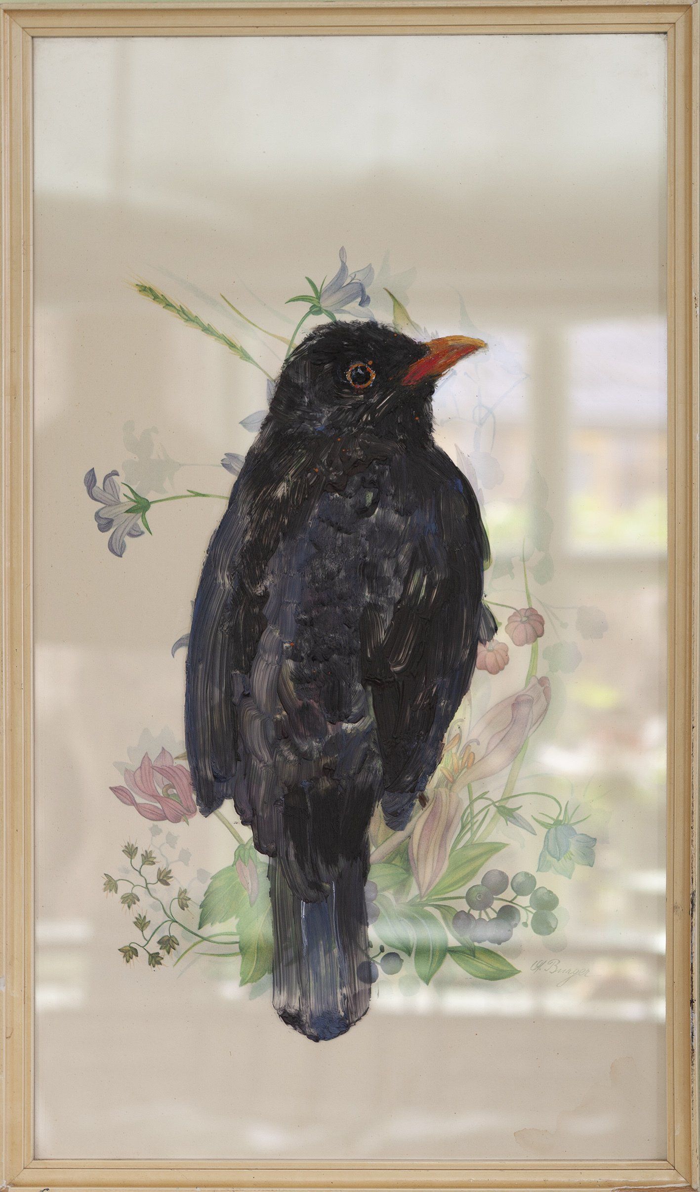 Een merel geschilderd op het glas van een vintage botanische prent 