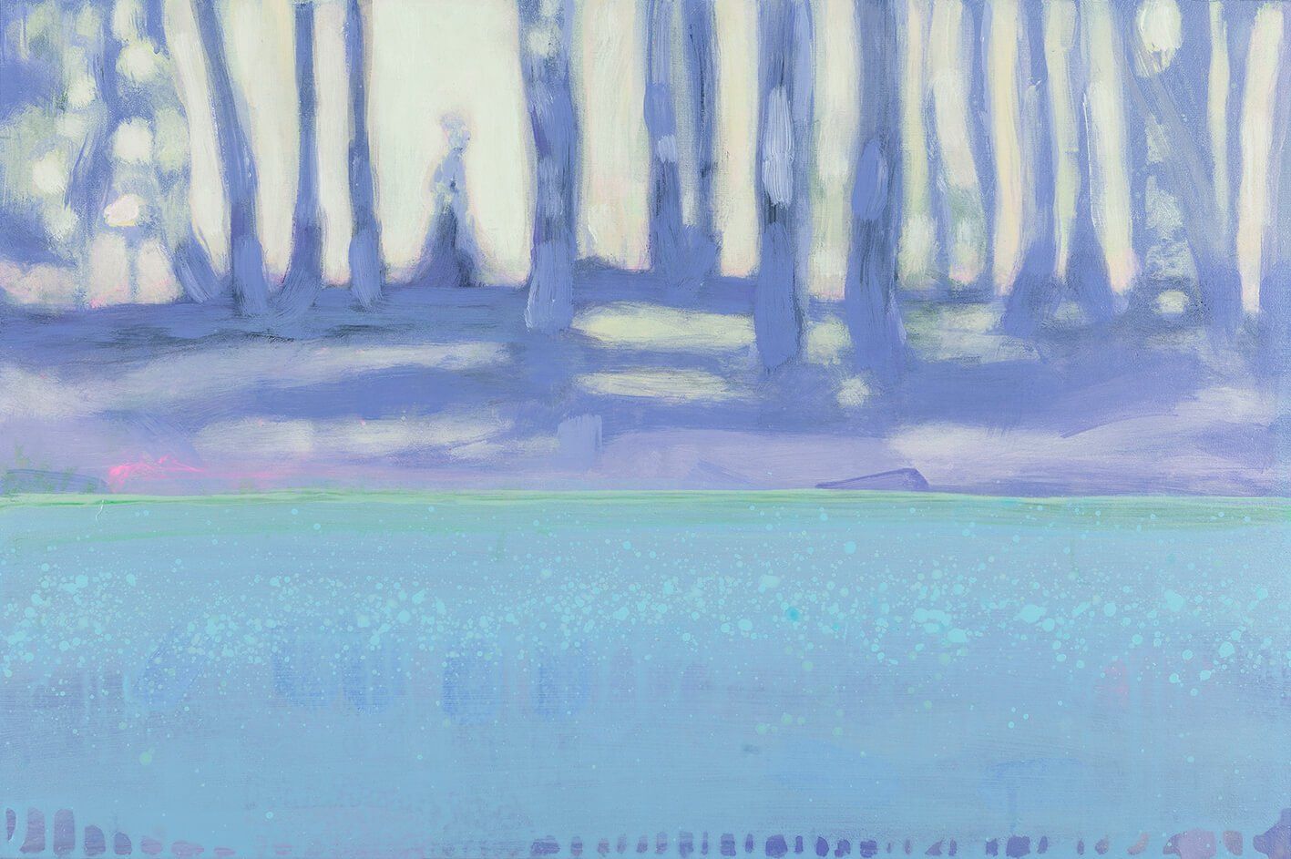 Blauw en wit landschap schilderij met vrouw tussen het licht achter de bomen, water en lucht 