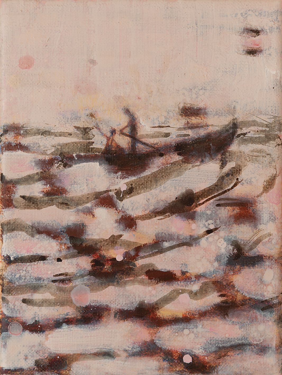 Boot op woelig water; het silhouet van twee figuren. Gedempte tinten roze, bruin en wit.