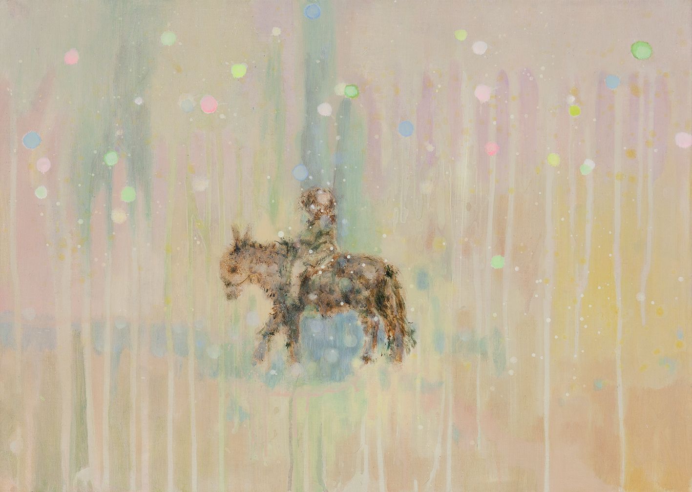Een kind rijdt op een ezeltje door een bleek carousel landschap met pastelkleurige glitters.