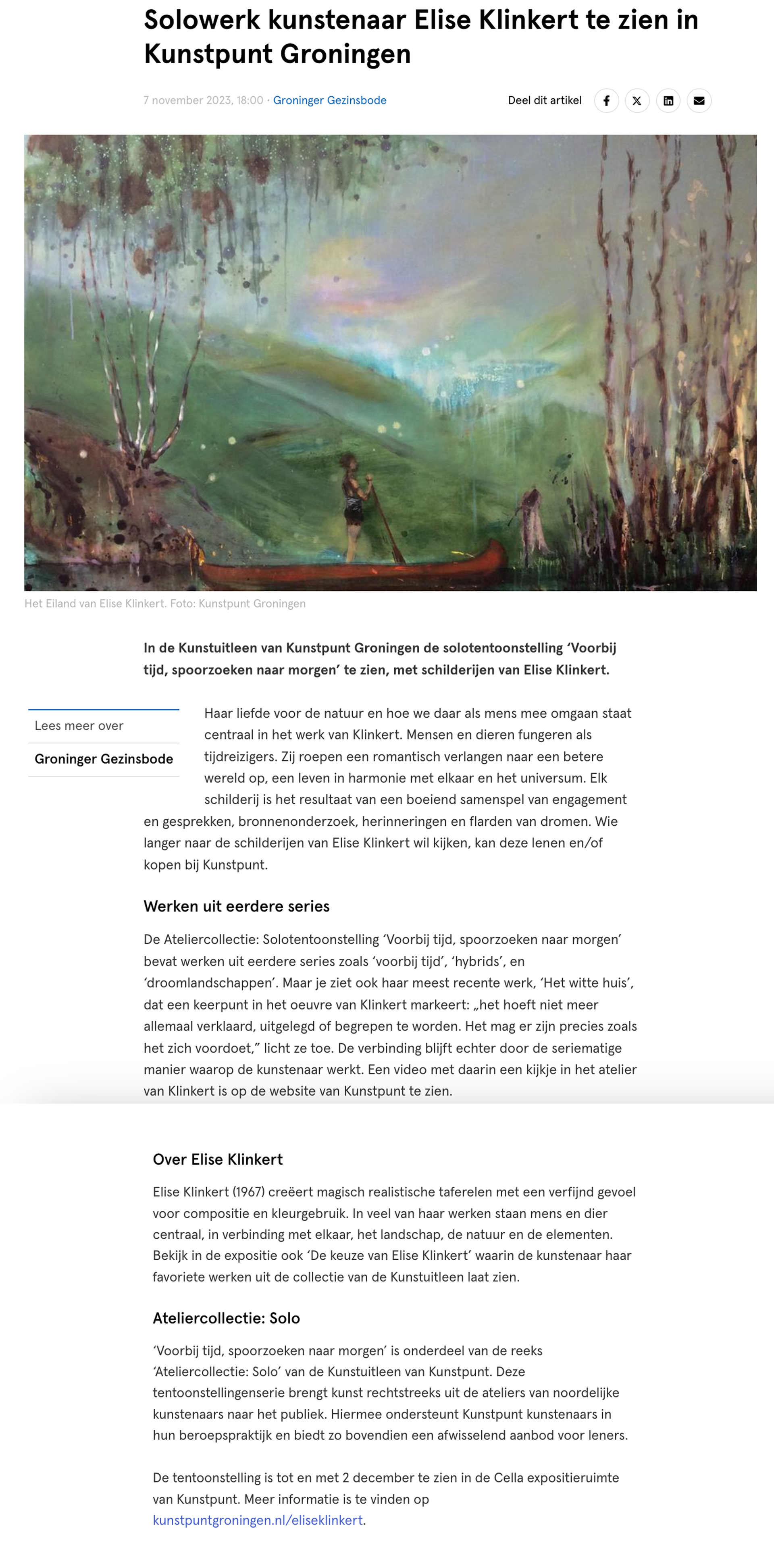 Schilderij van een man in boot op een rivier. 