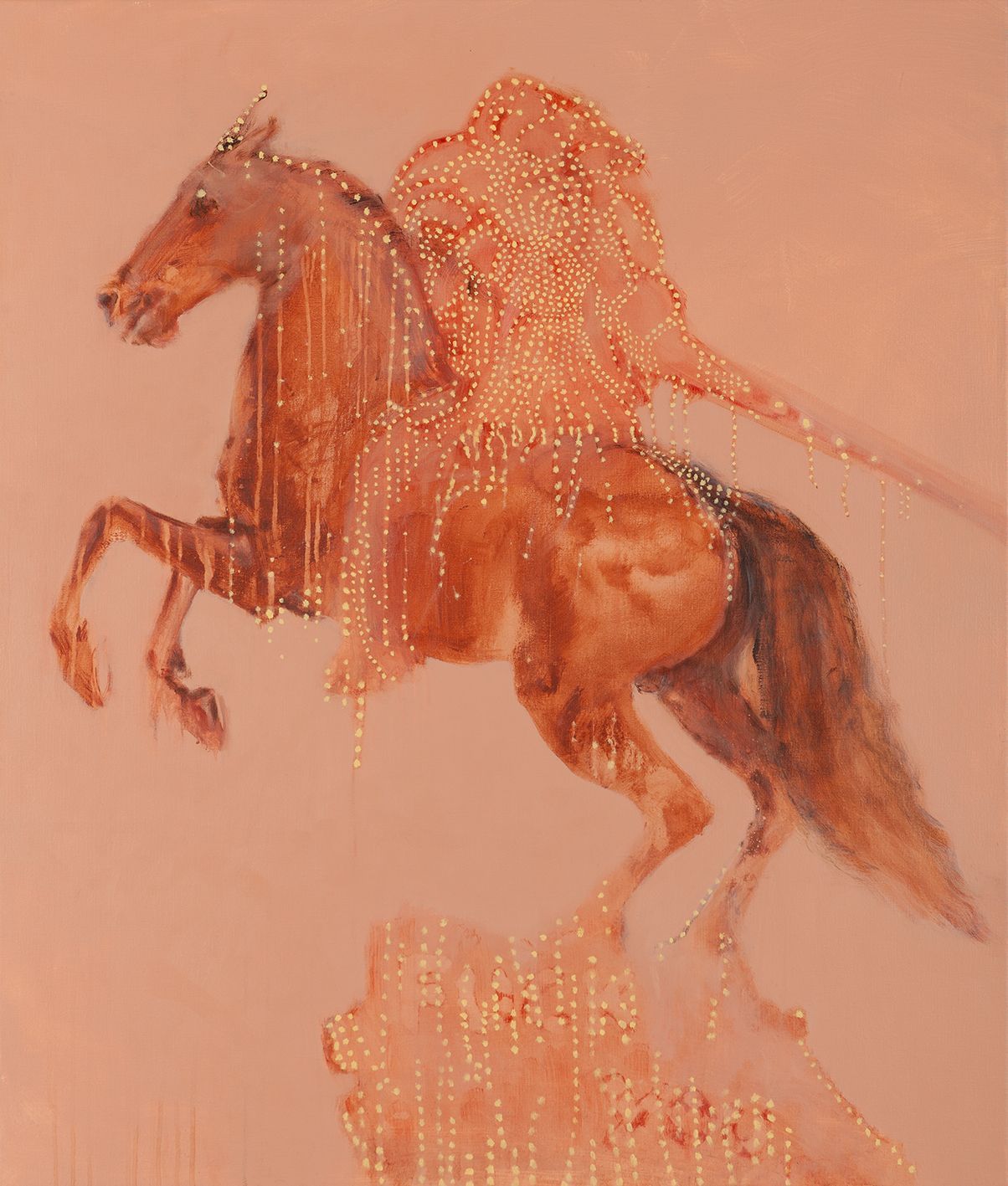 Een steigerend paard, als krachtdier met lichtgekleurde stippen die de ruiter vormen  tegen een perzikkleurige achtergrond.