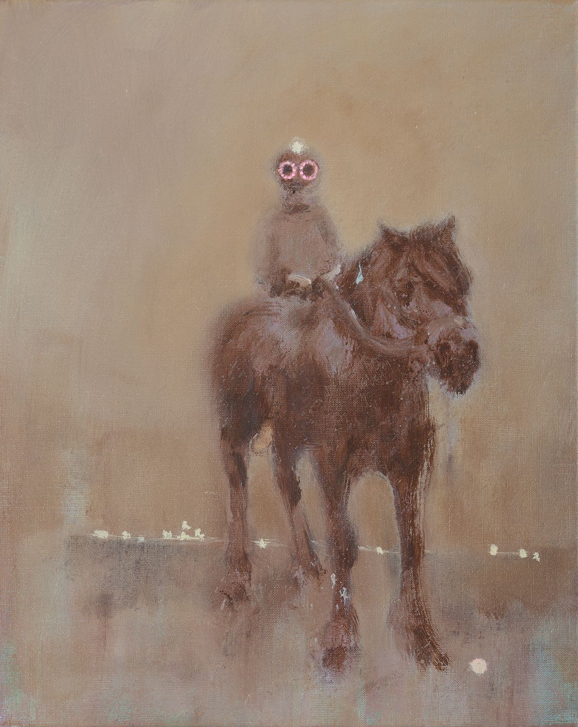 Een persoon met roze bril rijdt op een bruin paard in een wazige, sepiakleurige omgeving.