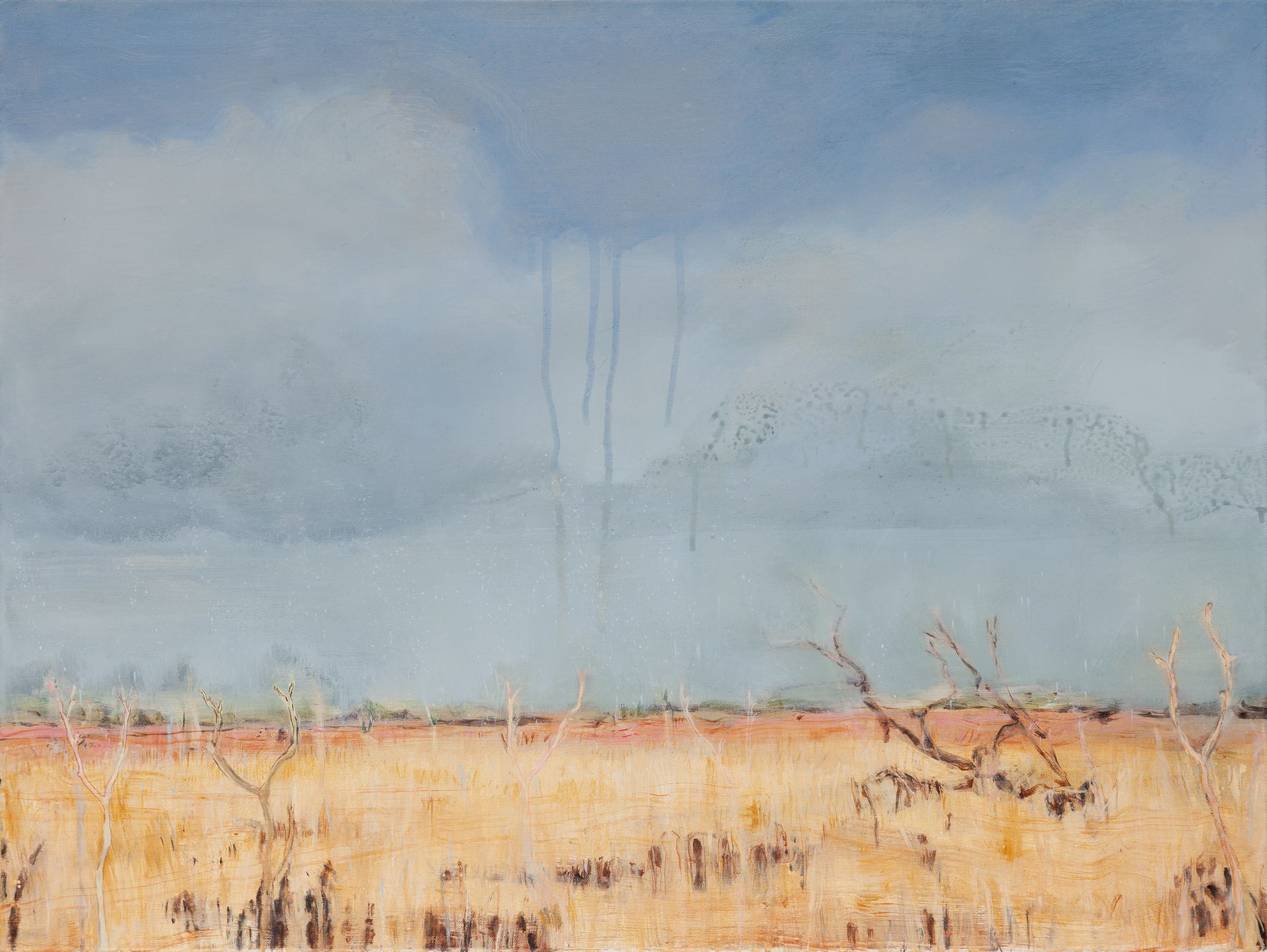 Landschapschilderij van een veld onder een bewolkte lucht met lichte regen, in gedempte geel-, blauw- en bruintinten.