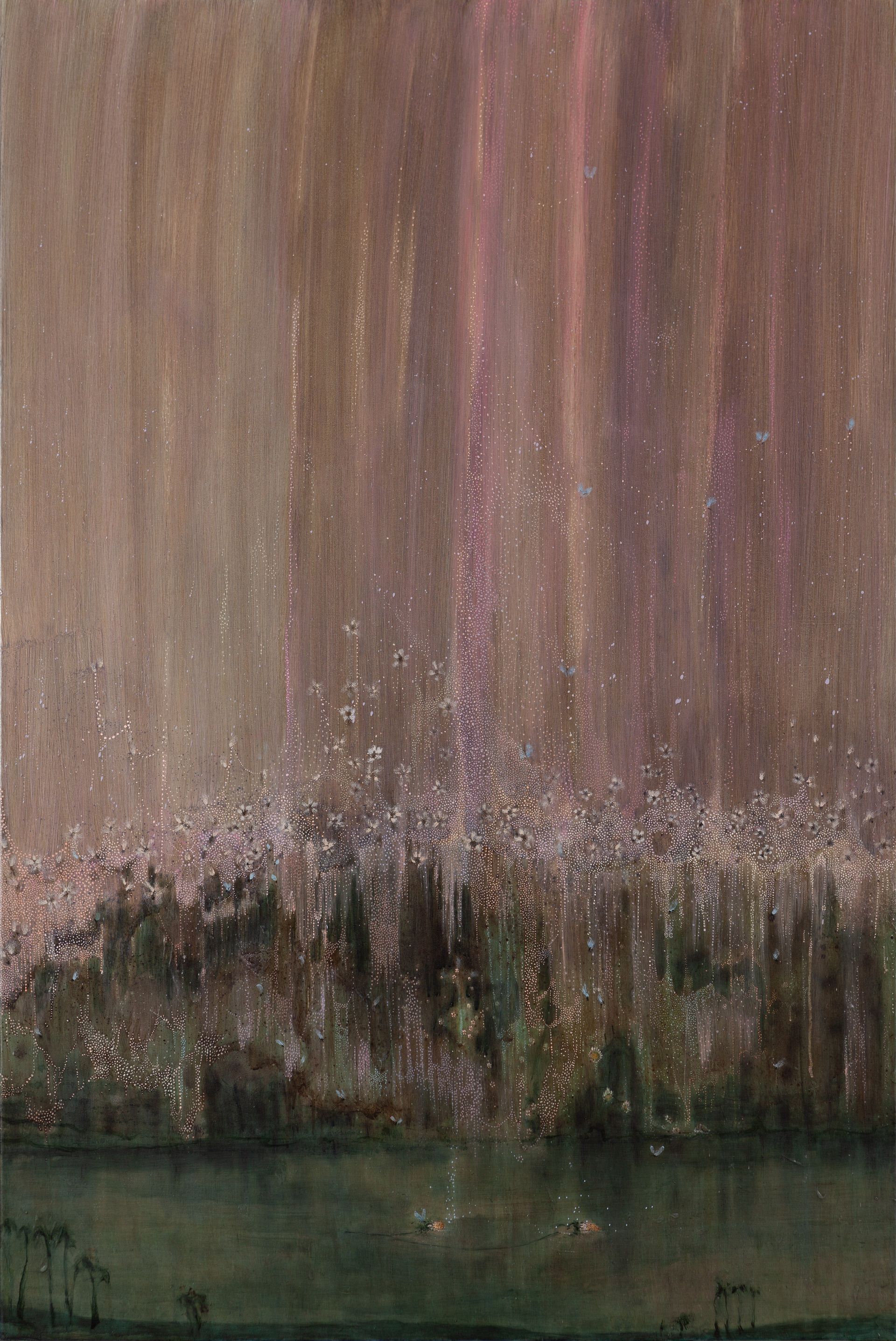 Abstract schilderij van een landschap met verticale lichtstrepen en een glinsterende, etherische kwaliteit.