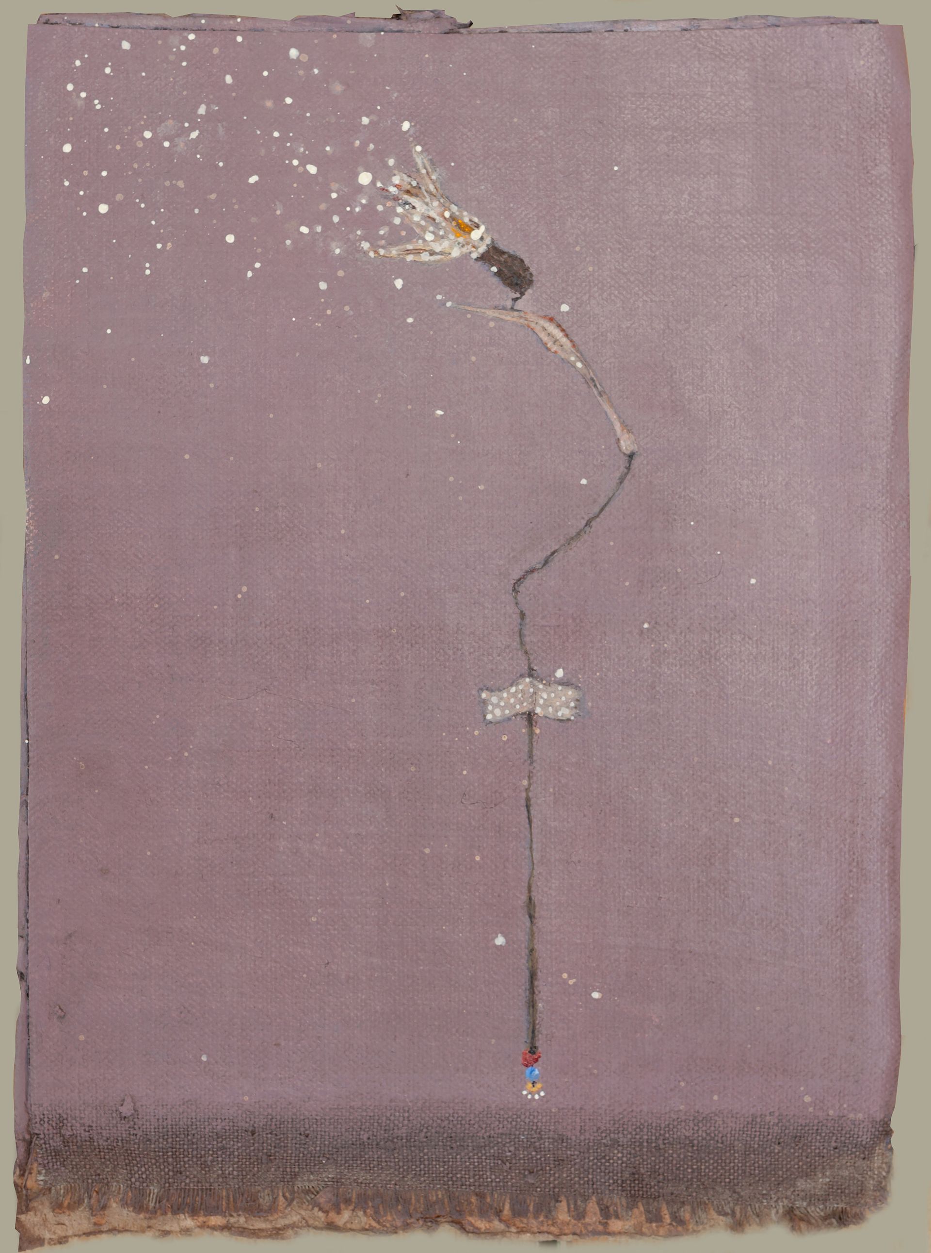 Oud roze schilderij met een delicate, etherische weergave van een verdroogde sneeuwklok etherische stippen.