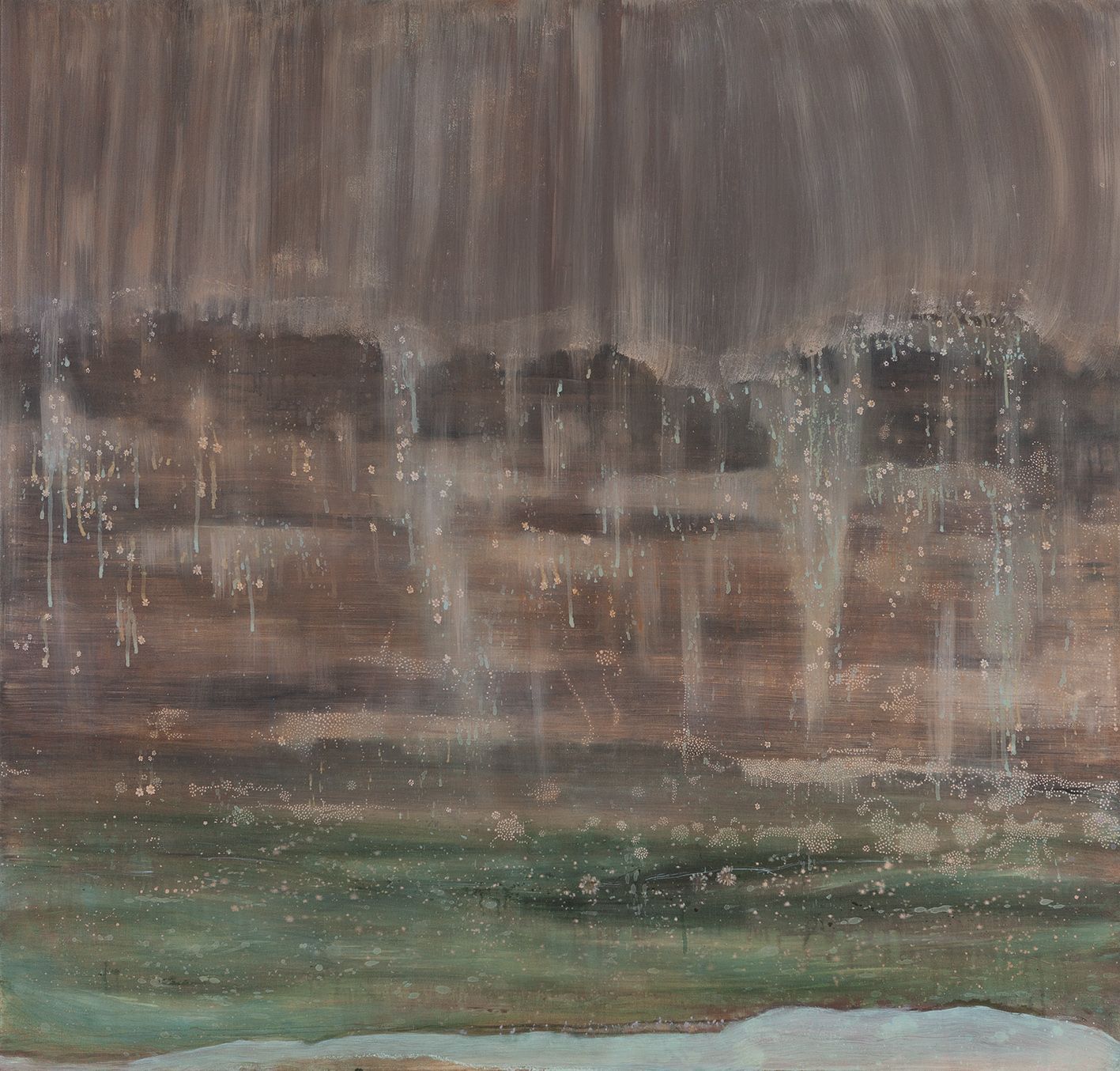 Bruin schilderij met opwaaiend gordijn van vallende bloemetjes, dat doet denken aan een waterval.