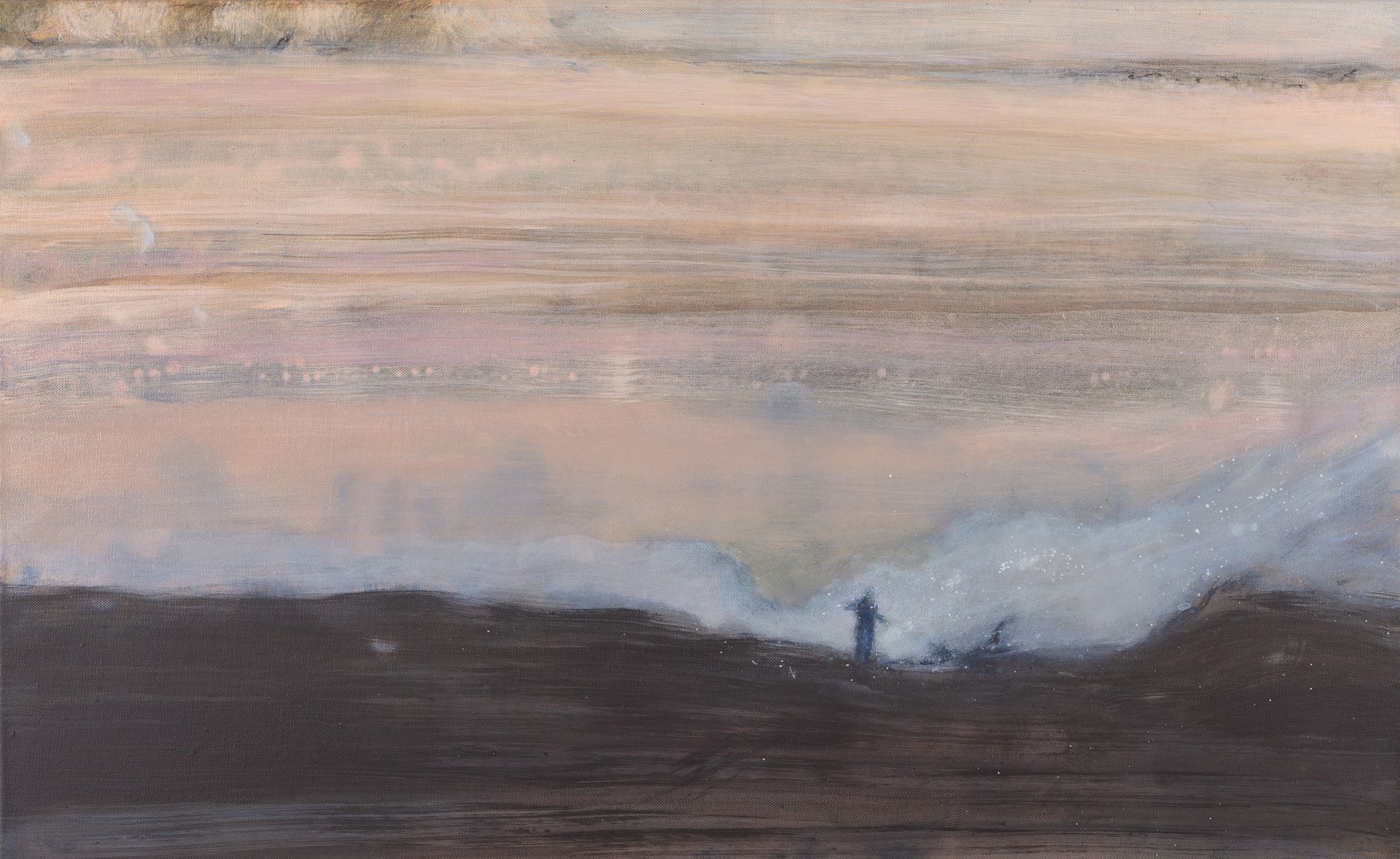 Een schilderij van een landschap met een persoon die riet brandt.