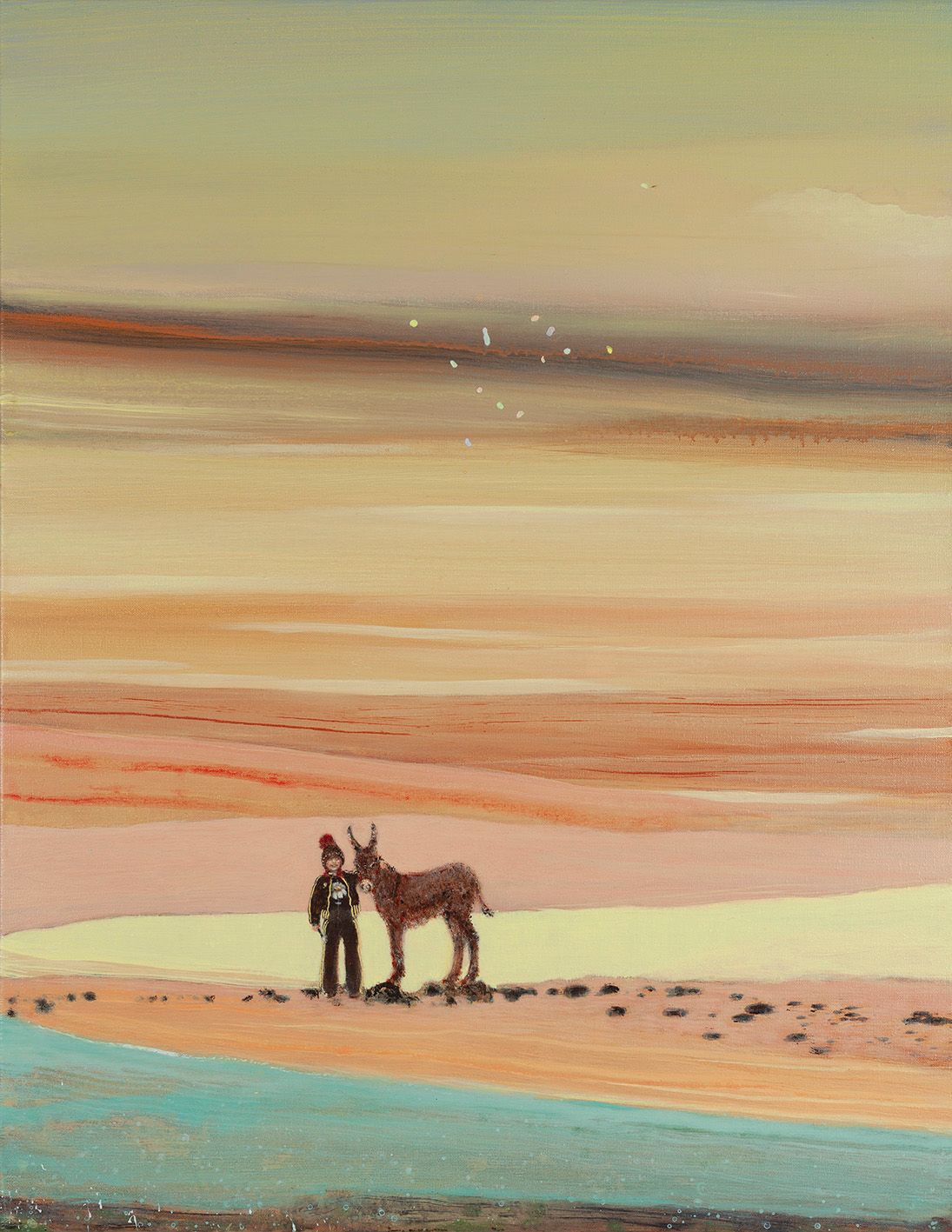 Een kind naast een ezel op een zandstrand met een pastelkleurige lucht en turquoise water.