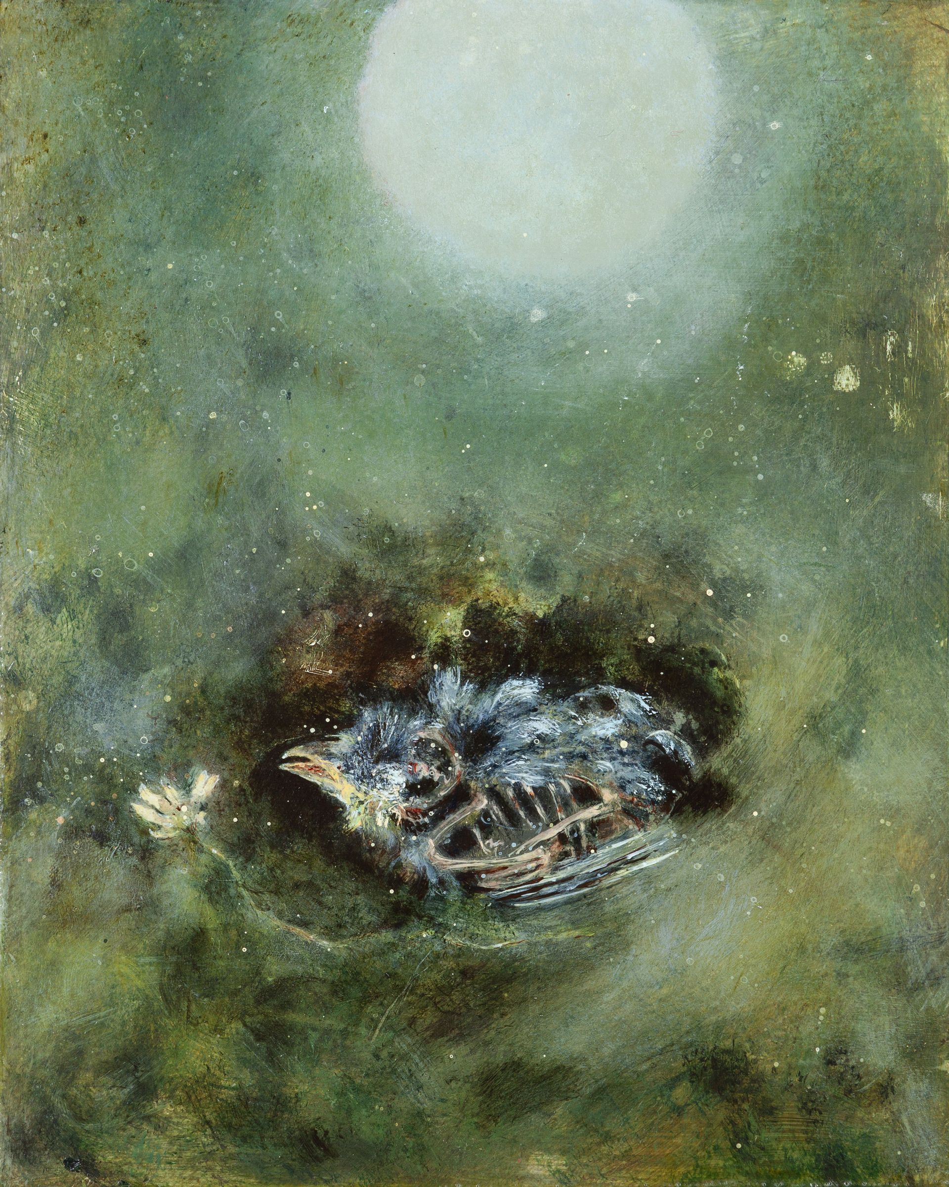 Abstract groen schilderij met een bleke, maanachtige bol boven een donker, gestructureerd middenstuk met dood vogeltje