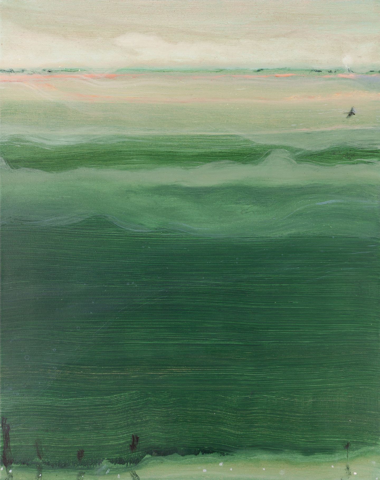Abstract schilderij met gelaagde groene banden die bovenaan vervagen in lichtbeige.