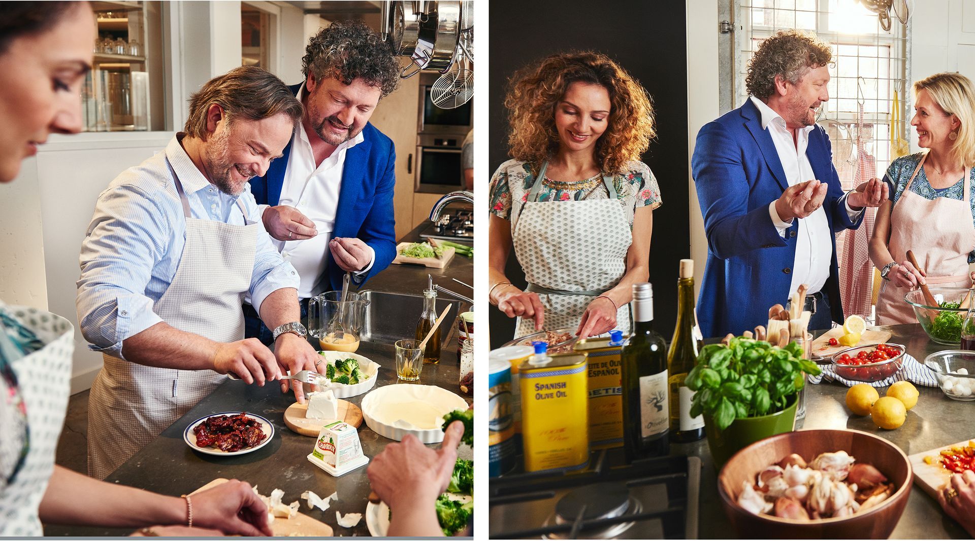 Mensen in een keuken zijn samen aan het koken, bereiden eten, lachen en hebben interactie. Allerhande