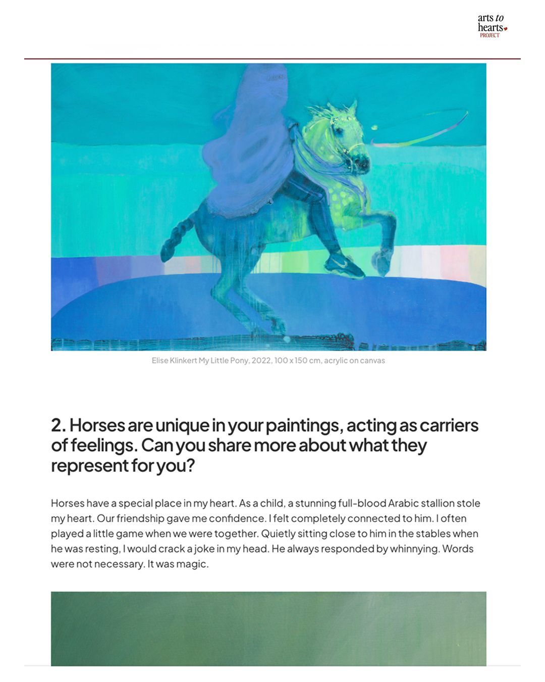 Schilderij van een paard met ruiter in blauwe tinten. De tekst vraagt naar de symbolische betekenis van het paard.