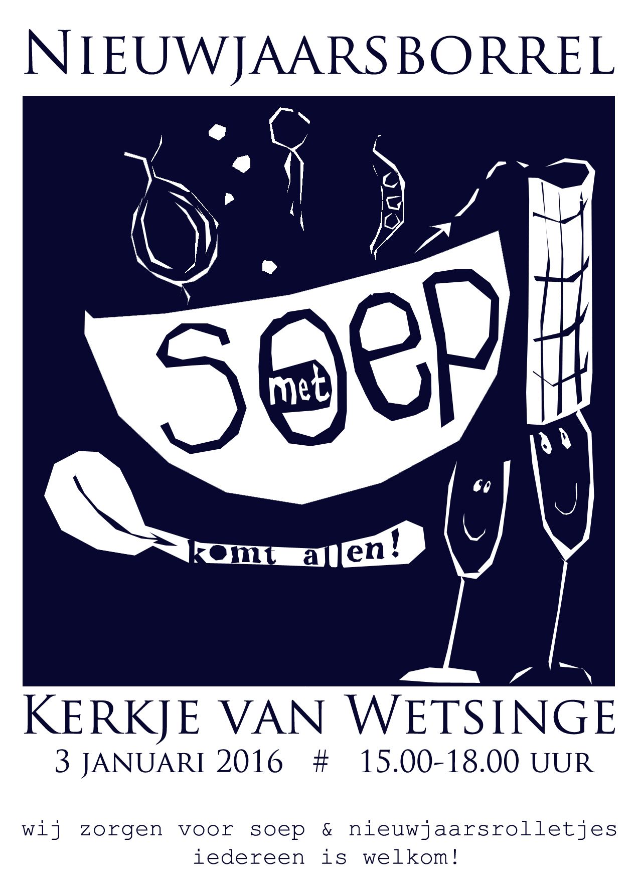 Poster voor de nieuwjaarsborrel bij Kerkje van Wetsinge. 
