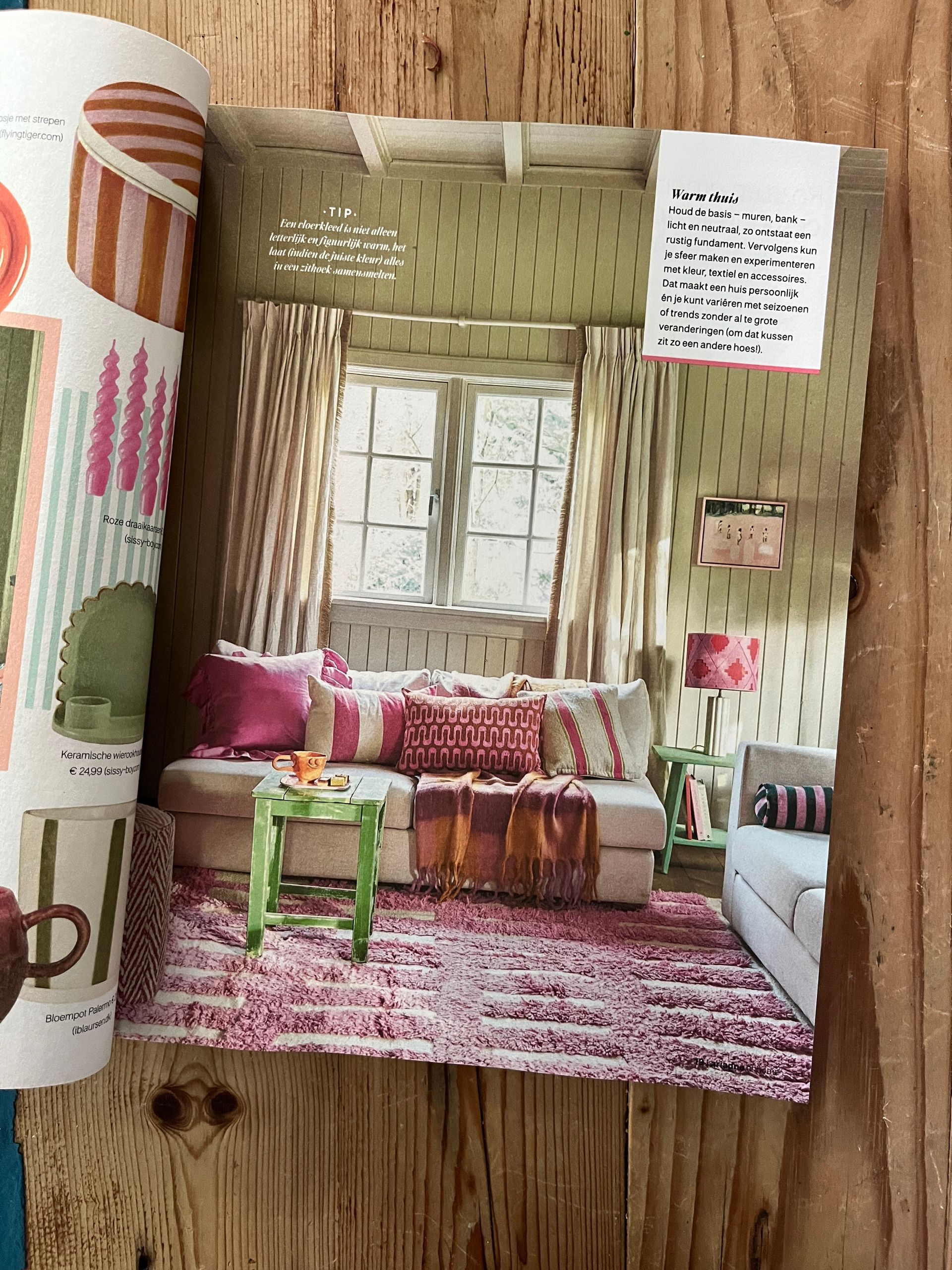 Een kleurrijke woonkamer met een roze kleed, bank, een groene tafel en fine art print 'de samenkomst' van Elise Klinkert