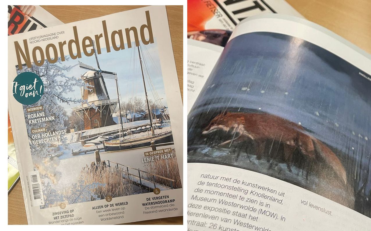 Open magazine met Noorderland-cover met besneeuwde windmolen en een fotoreportage van het landschap binnenin.