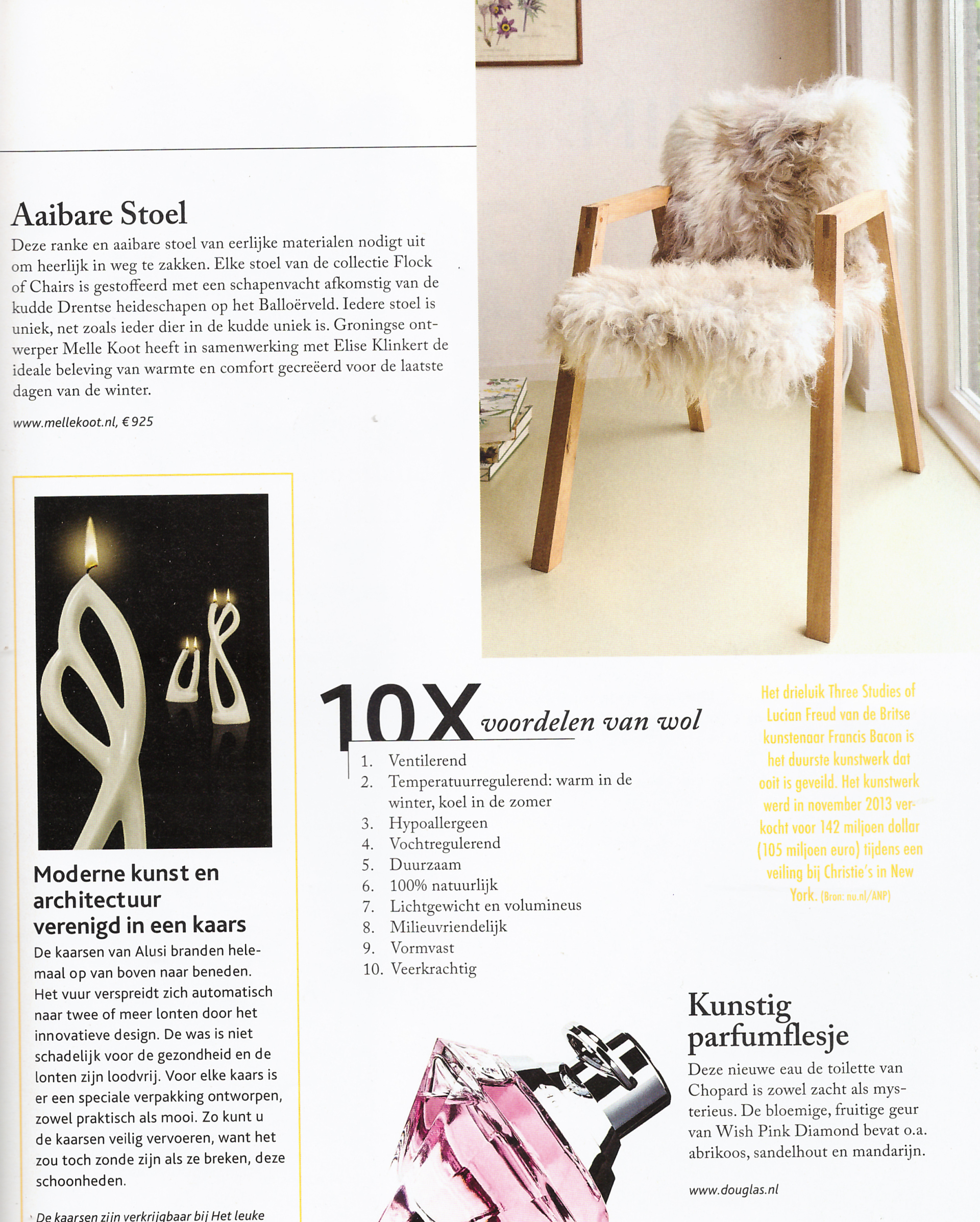 Pagina uit een tijdschrift met een schapenvachtstoel en een tekst over woonaccessoires en schoonheidsproducten.