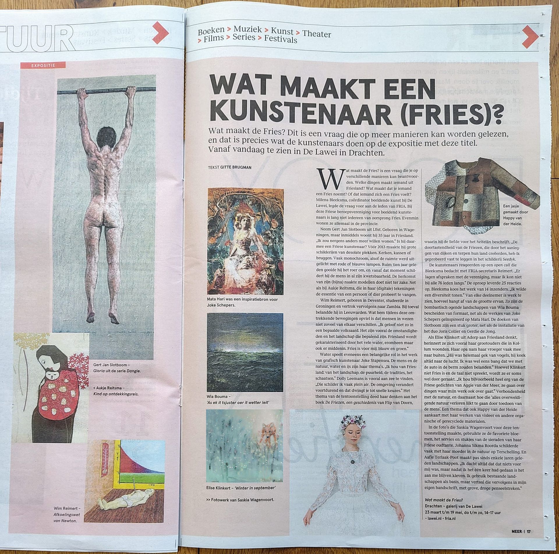 Krantenartikel: Kunstartikel met diverse kunstvoorbeelden en tekst in het Nederlands.