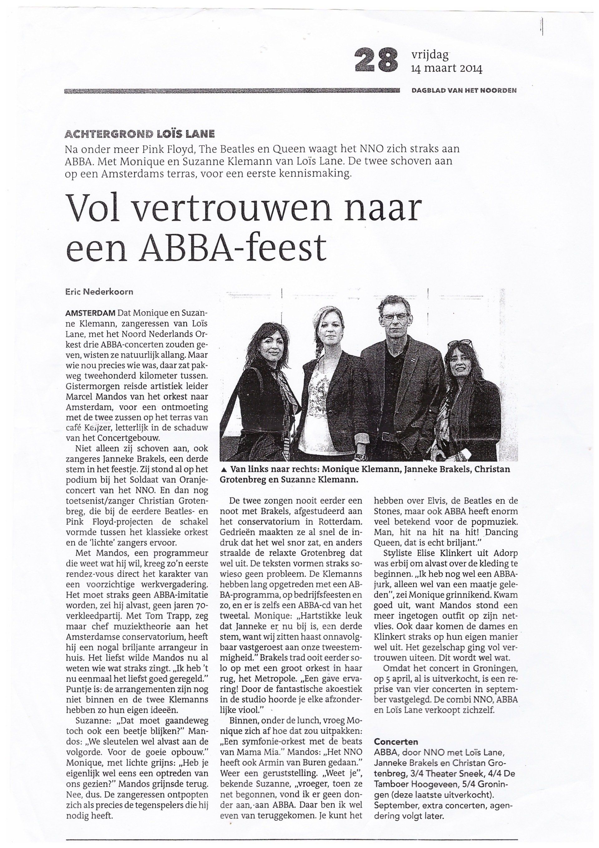 Krantenartikel “Vol vertrouwen naar een ABBA-feest” and a black-and-white group photo