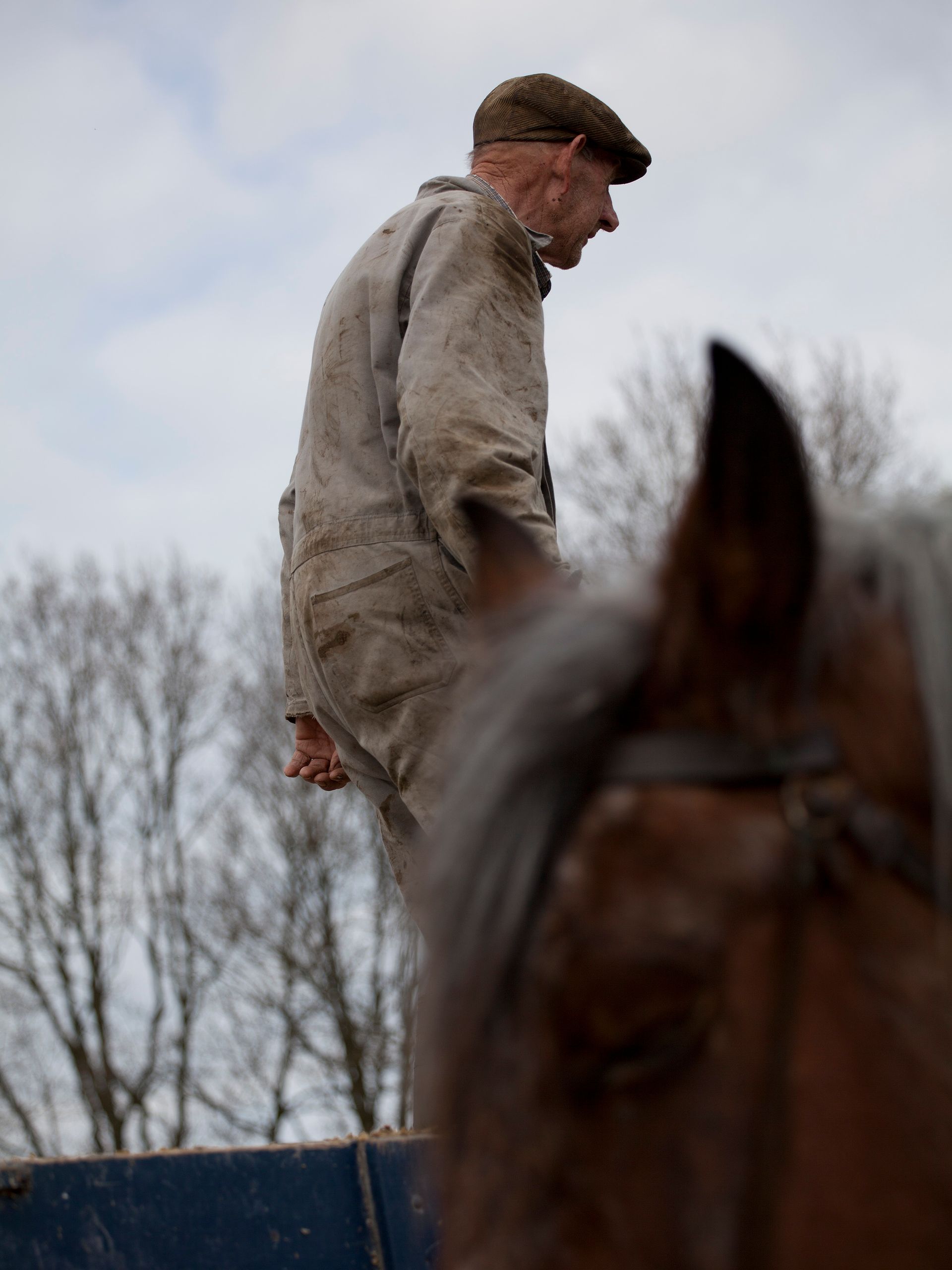 Man in vuile werkkleding met op de voorgrond zijn  paard, met een platte pet op, tegen een bewolkte lucht.