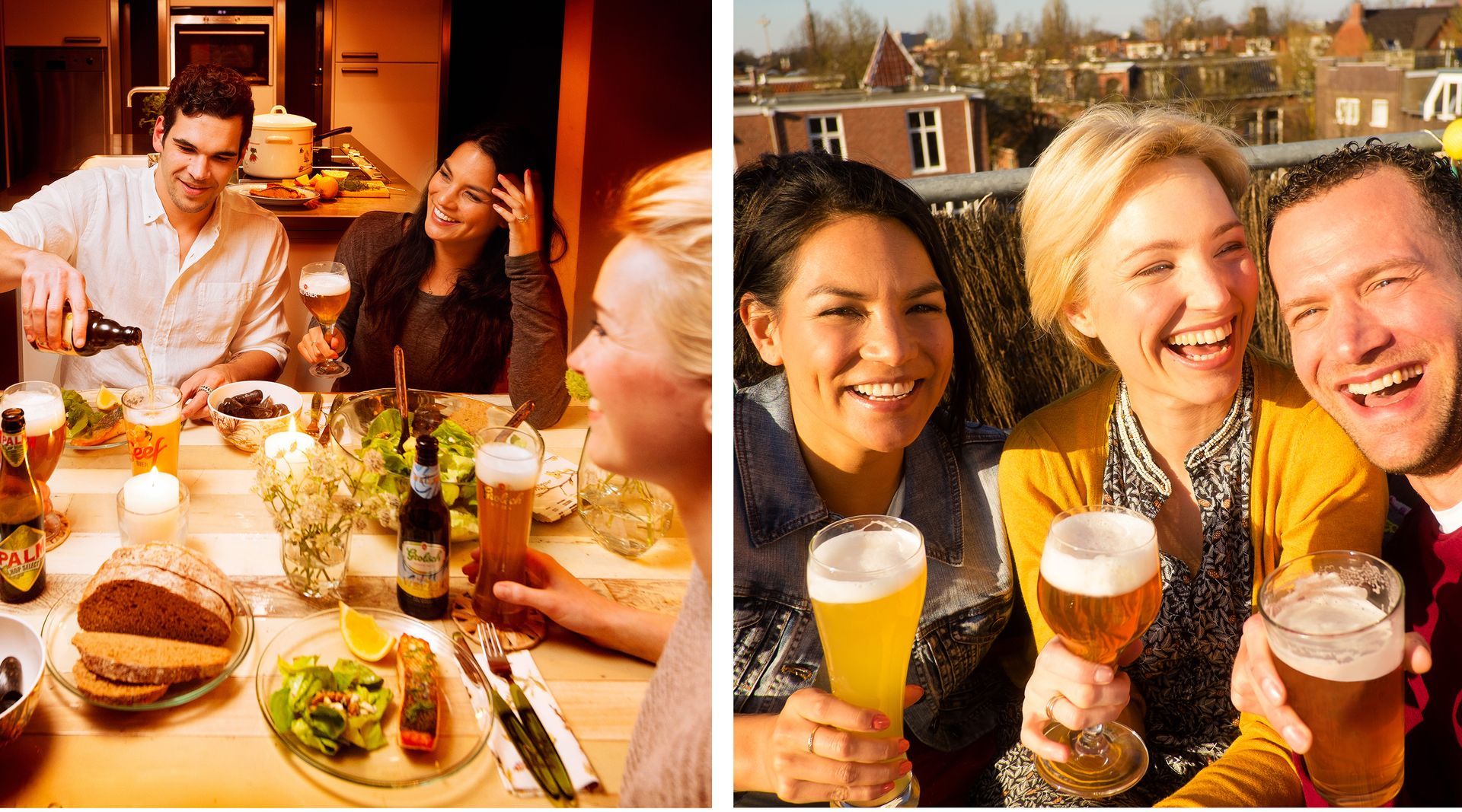 Allerhande: Twee groepen vrienden drinken bier: de een aan een eettafel, de ander op een zonnig terras.