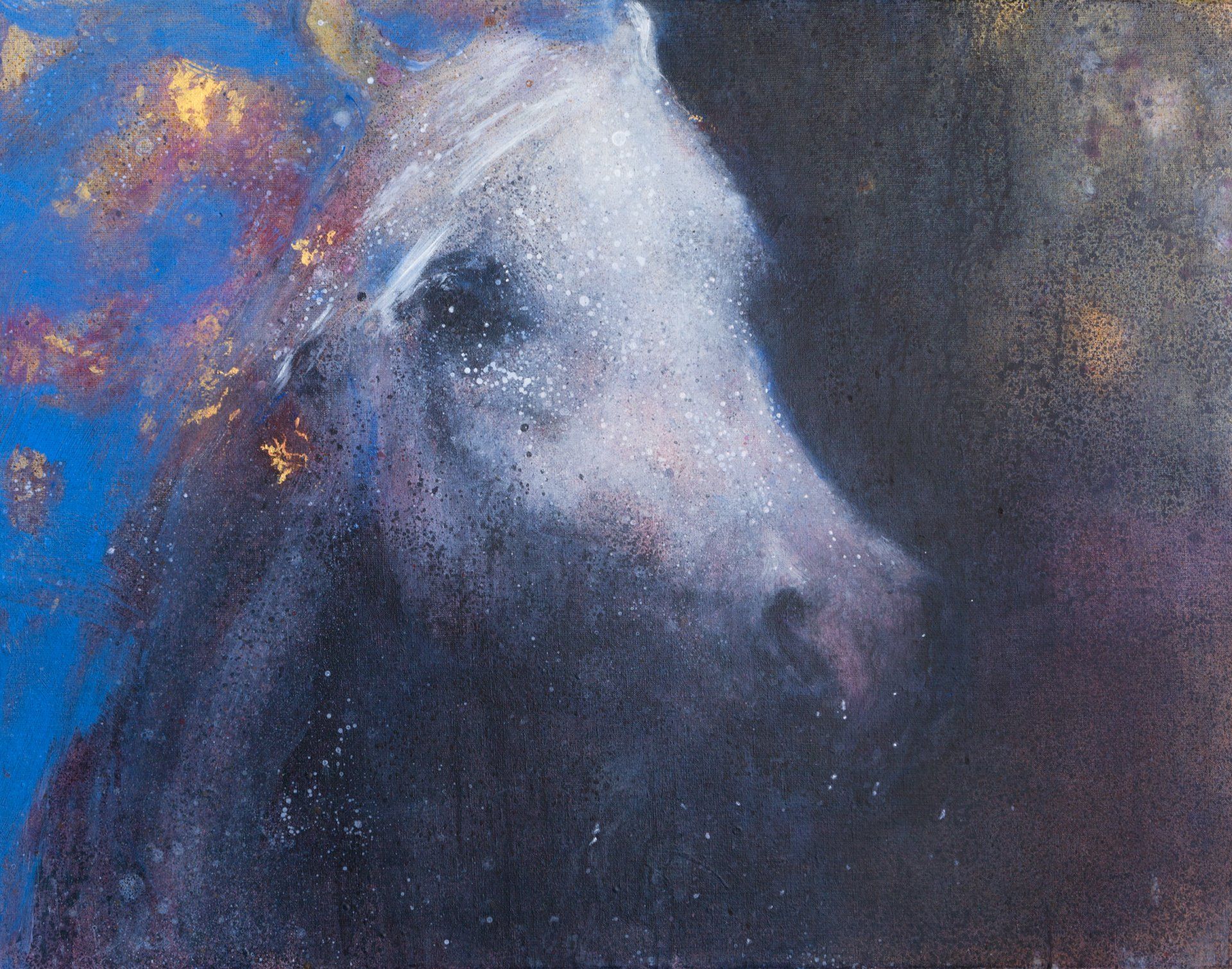 Een wit paardenhoofd tegen een donkere achtergrond met blauwe en gouden accenten.