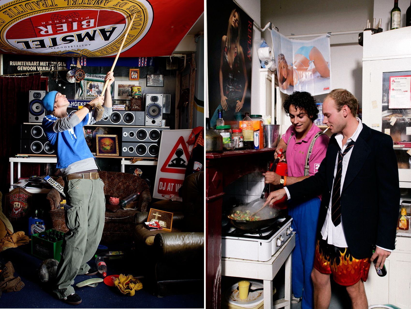 Twee studenten kamers: man met vlag, luidsprekers. Mannen die koken, fornuis en tijdschrift.