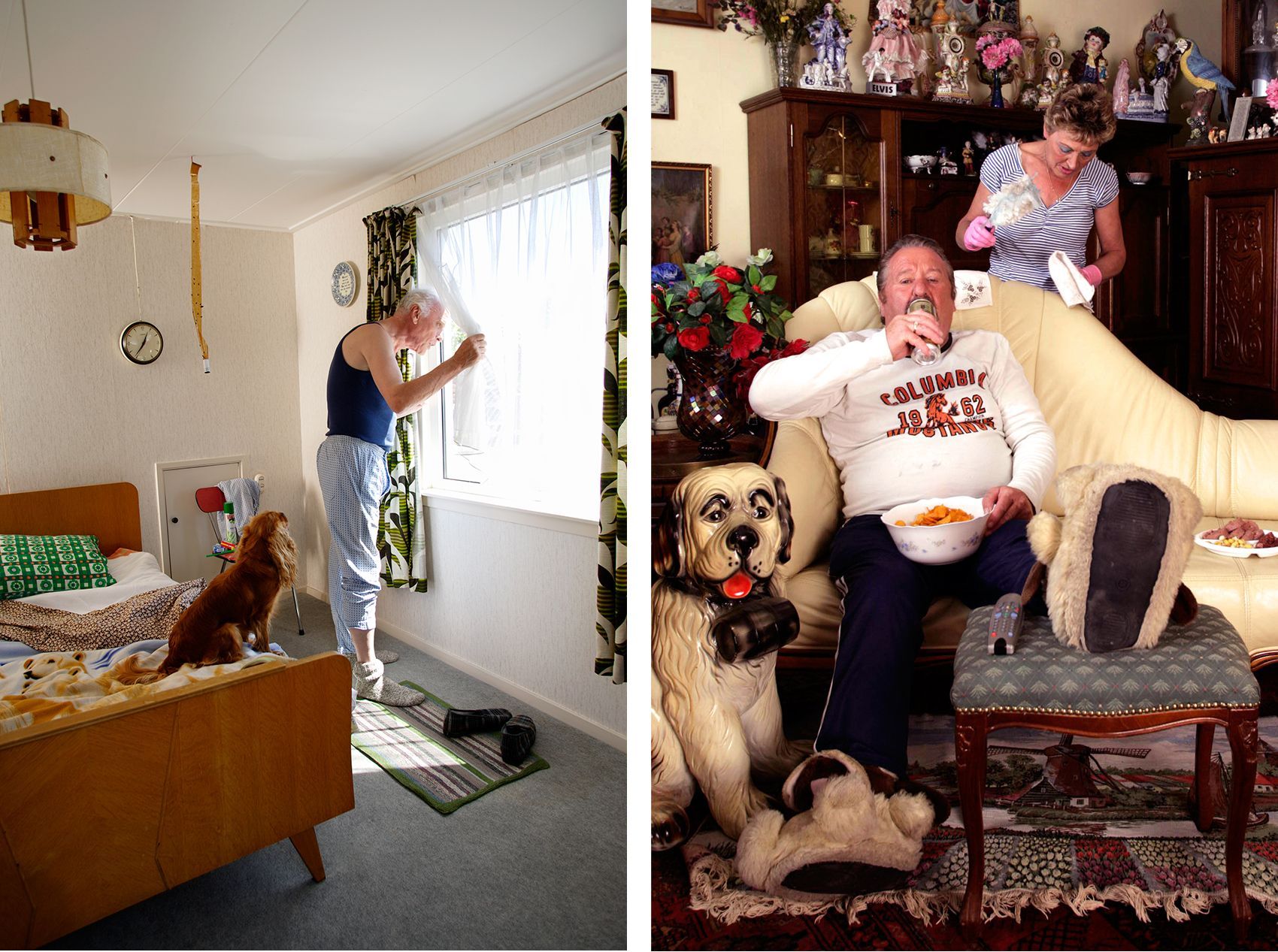 Twee foto's van interieurs. Een man in pyjama opent een gordijn. Een man eet snacks op de bank, een vrouw in de achtergrond