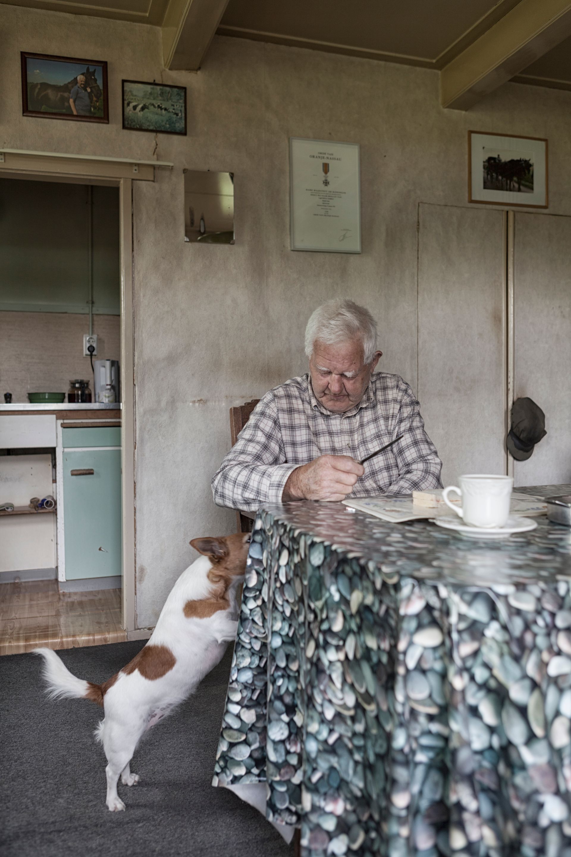 Een oudere man  aan een tafel; een hond staat op zijn achterpoten en reikt naar hem op. Rustiek interieur.