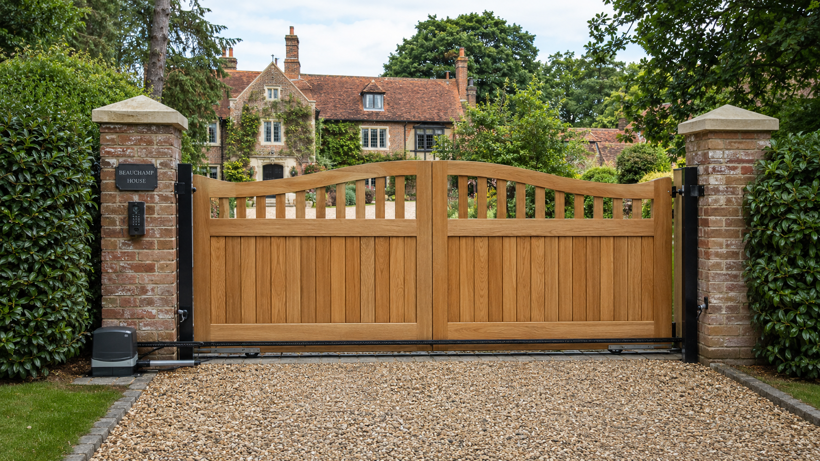 Wooden driveway gate between brick pillars in front of a large brick house with a gravel drive