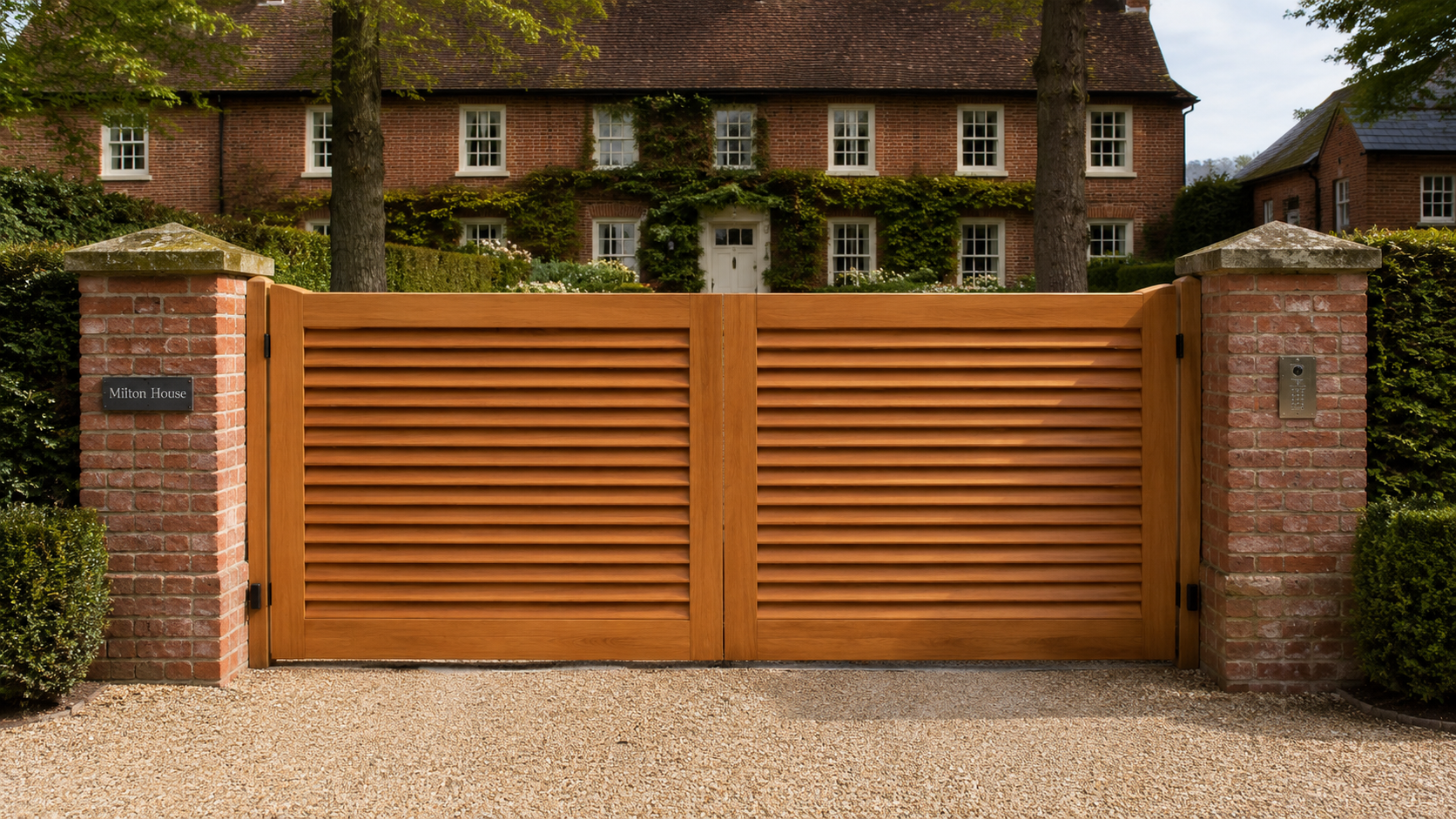 Wooden driveway gate between brick pillars in front of a brick house and garden