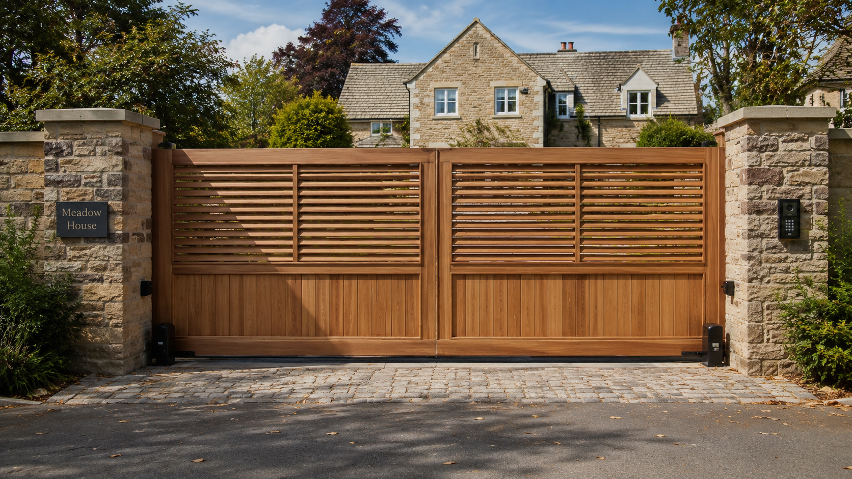 Wooden driveway gate between stone pillars in front of a large stone house