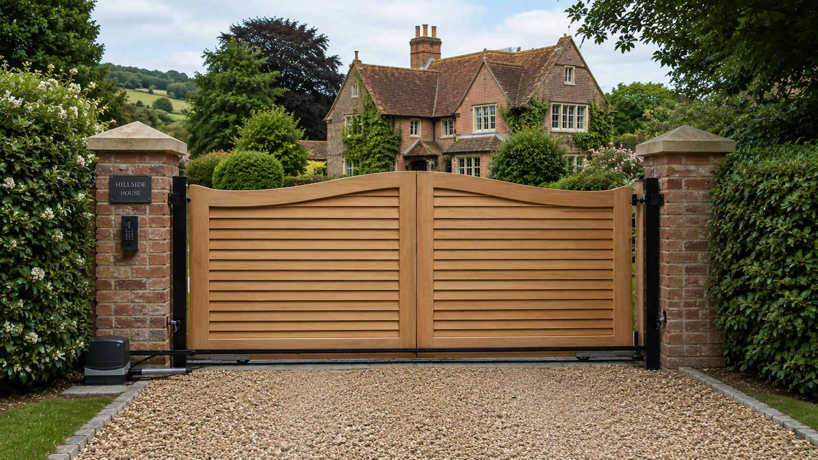 Modern gray metal driveway gate in front of a house, with slatted panels and stone pillars
